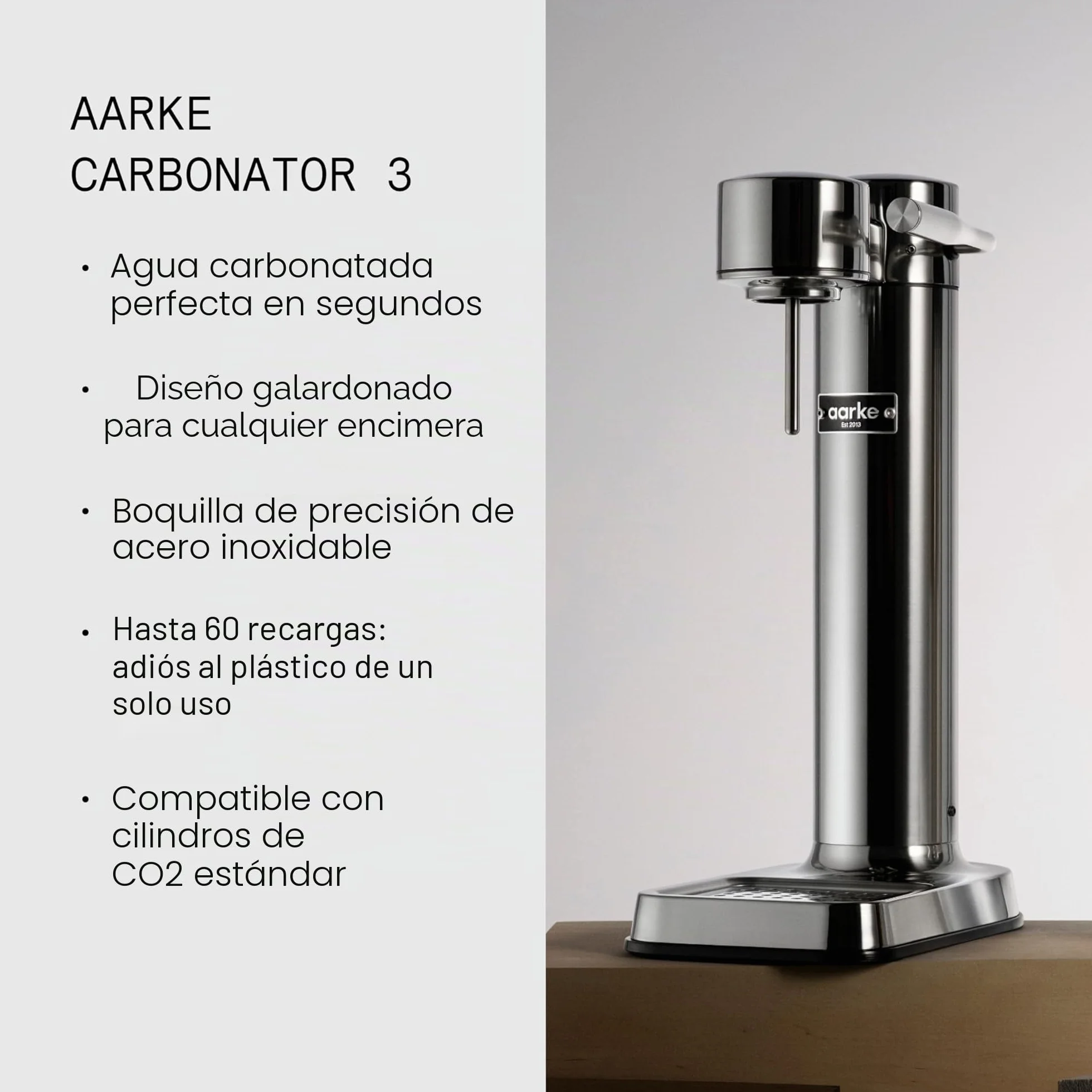 Aarke Carbonator 3, Máquina para hacer Agua con Gas en Acero Inoxidable con Botella 800ml
