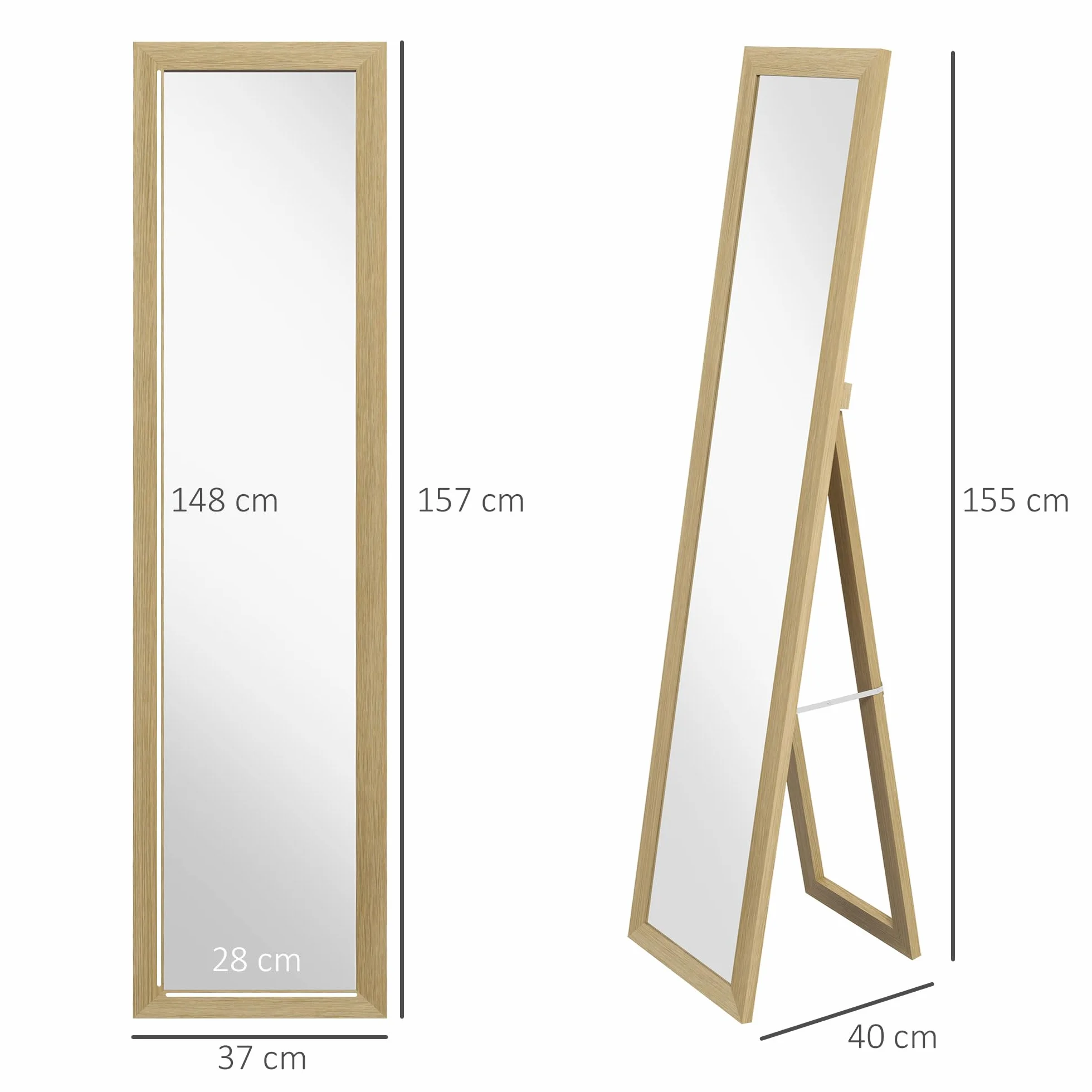 HOMCOM Espejo de Pie Cuerpo Entero 157x37 cm, Espejo de Cuerpo Entero con Soporte, 3 Formas de Uso, Independiente, Montaje Pared y Apoyado, para Salón, Entrada, Dormitorio, Roble