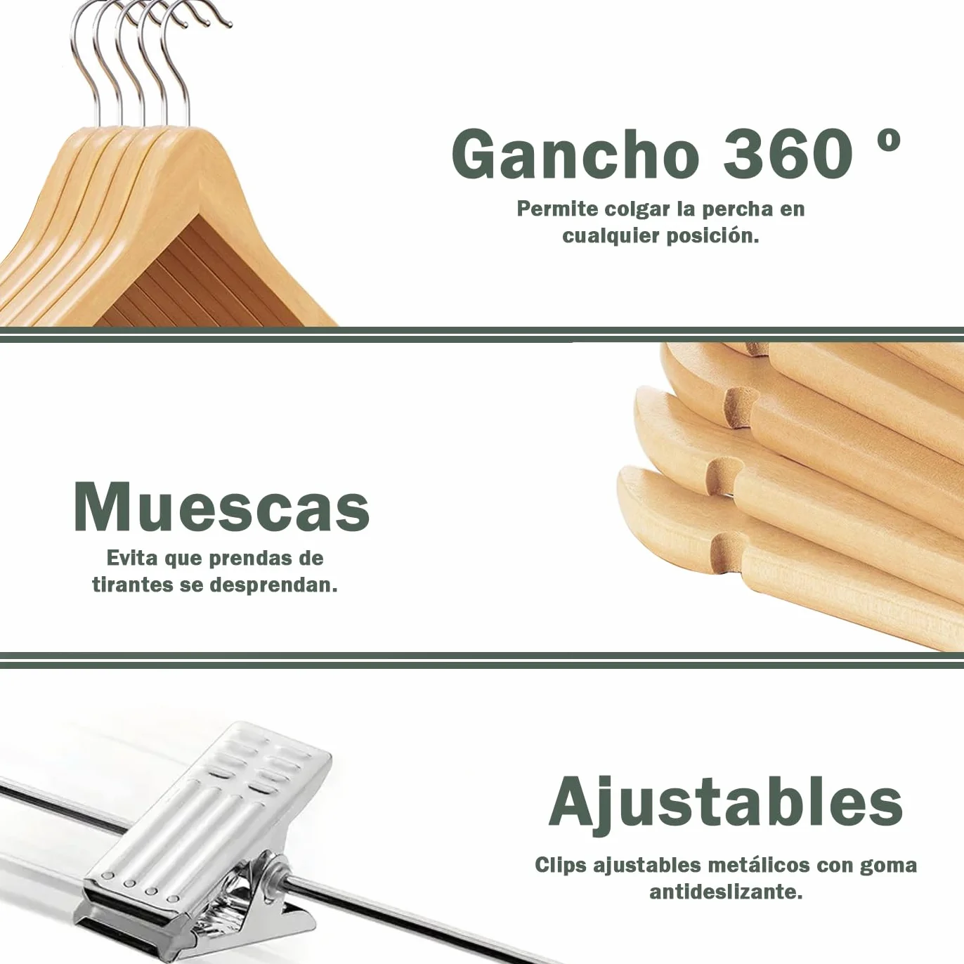 MERCURY TEXTIL - Perchas Ropa de Madera con Pinzas y Muescas Antideslizantes, Pinzas con PVC para No Dañar la Ropa, Gancho Giratorio 360°, Perchas Madera Maciza sin Astillas.(Madera, 10 Unidades)