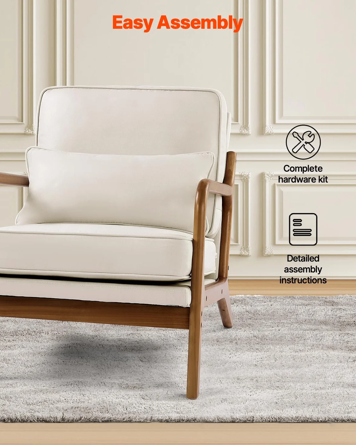 VEVOR Sillón de Estilo Moderno de Mediados de Siglo con Estructura de Madera Maciza y Patas Antideslizantes, Tapizado en Tela de Lino y Cojín Grueso de 14,5 cm para Salón, Dormitorio y Oficina