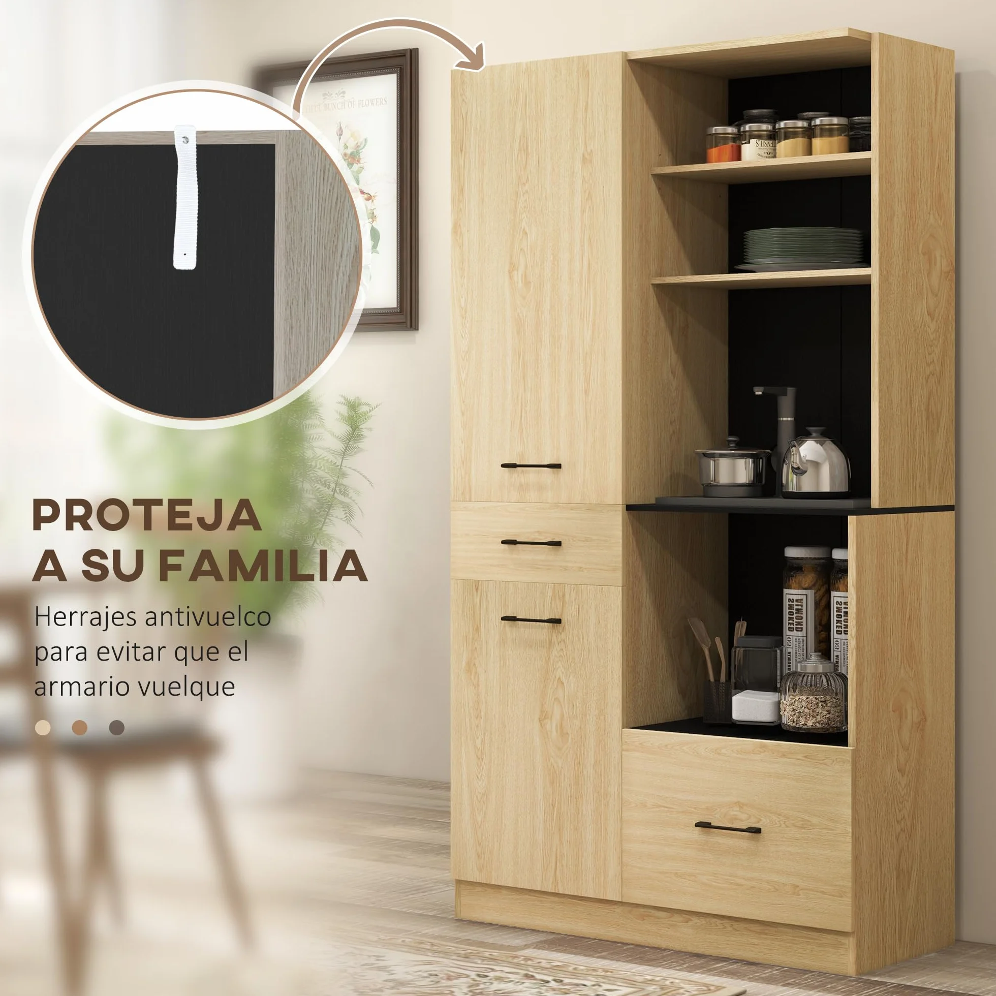 HOMCOM Alacena Moderno de Cocina con 2 Cajones, 2 Armarios y 4 Estantes Abiertos - Mueble Buffet para Comedor y Salón - 90x40x170 cm - Roble y Negro