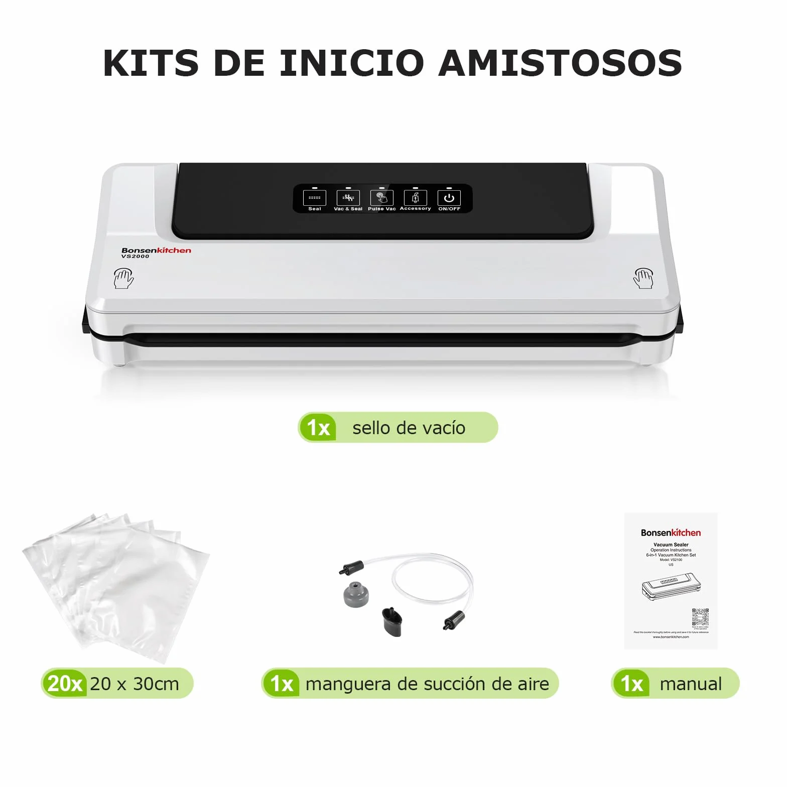 Bonsenkitchen Envasadora al Vacío 4 en 1 para Uso Doméstico y Comercial, Maquina al Vacio de Alimentos, Incluyendo 5 Bolsas (Blanco)