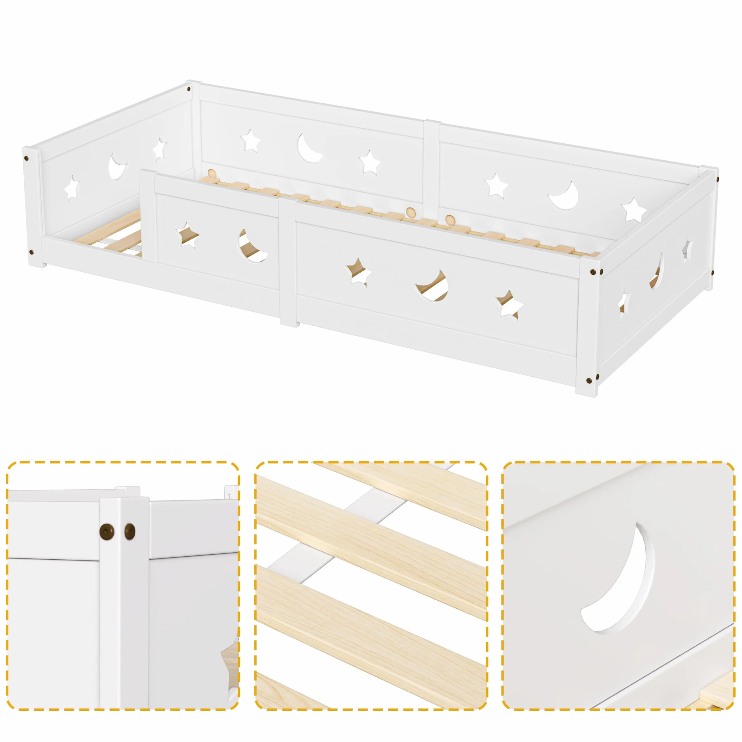 Montessori - Cama de suelo de 90 x 200 cm, con protección anticaída y somier de láminas, diseño de estrellas y luna, cama infantil para niños y niñas, de madera de pino maciza, color blanco (blanco