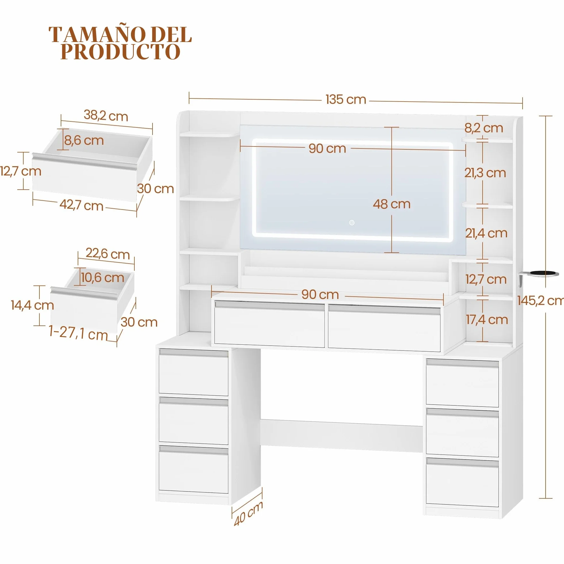 HEXCELEN 135 cm Tocador Grande, Tocador de Maquillaje con Luz LED, Grande Espejo, Mesa de Maquillaje con Prácticas Tomas de Corriente, 8 Cajones, Estantes Abiertos Mesa, Blanco-Plata