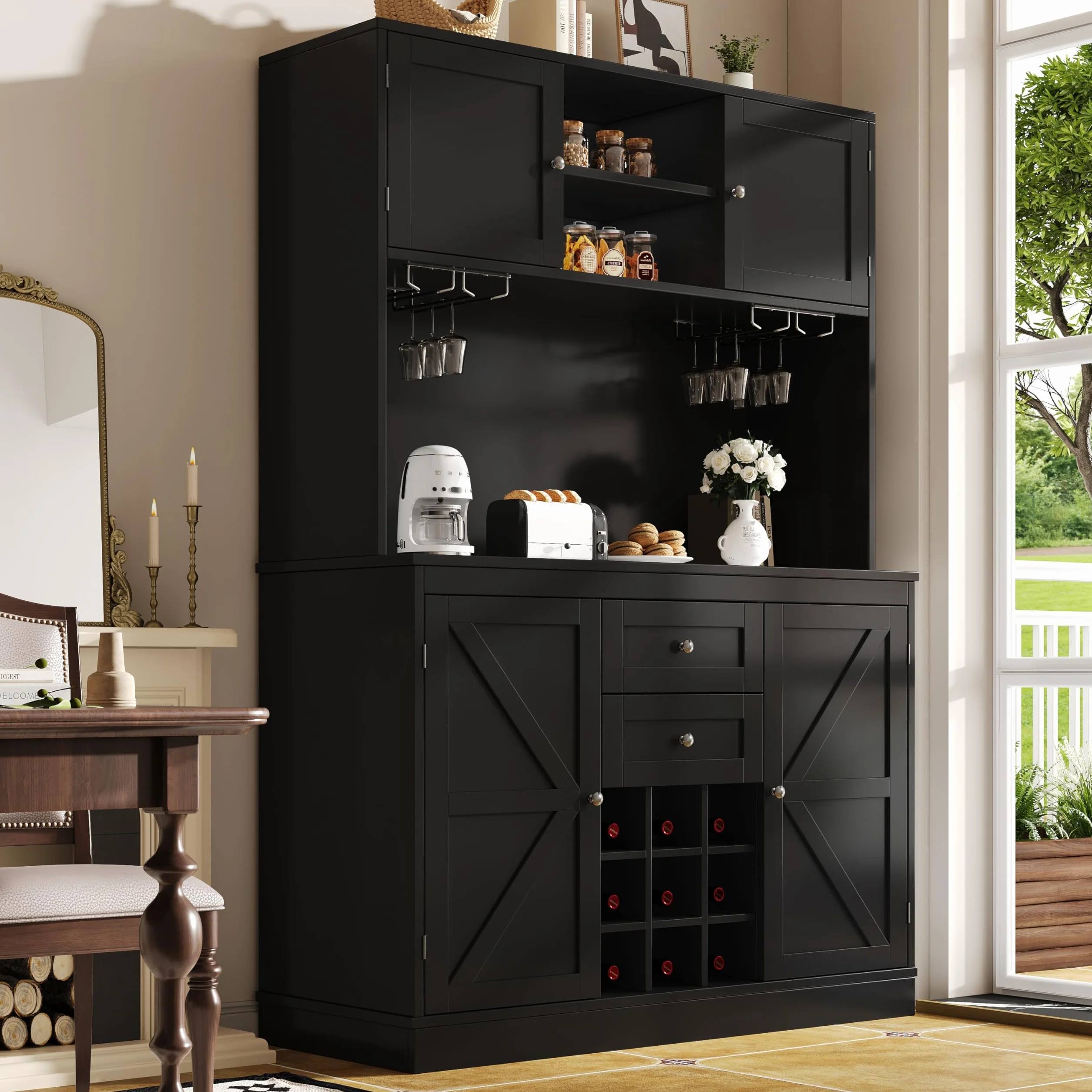 Armario alto de cocina de 188 cm con estantes ajustables, estantería para vino, armario alto de cocina buffet con 4 puertas, 2 cajones, aparador para cocina y salón, armario buffet (negro)