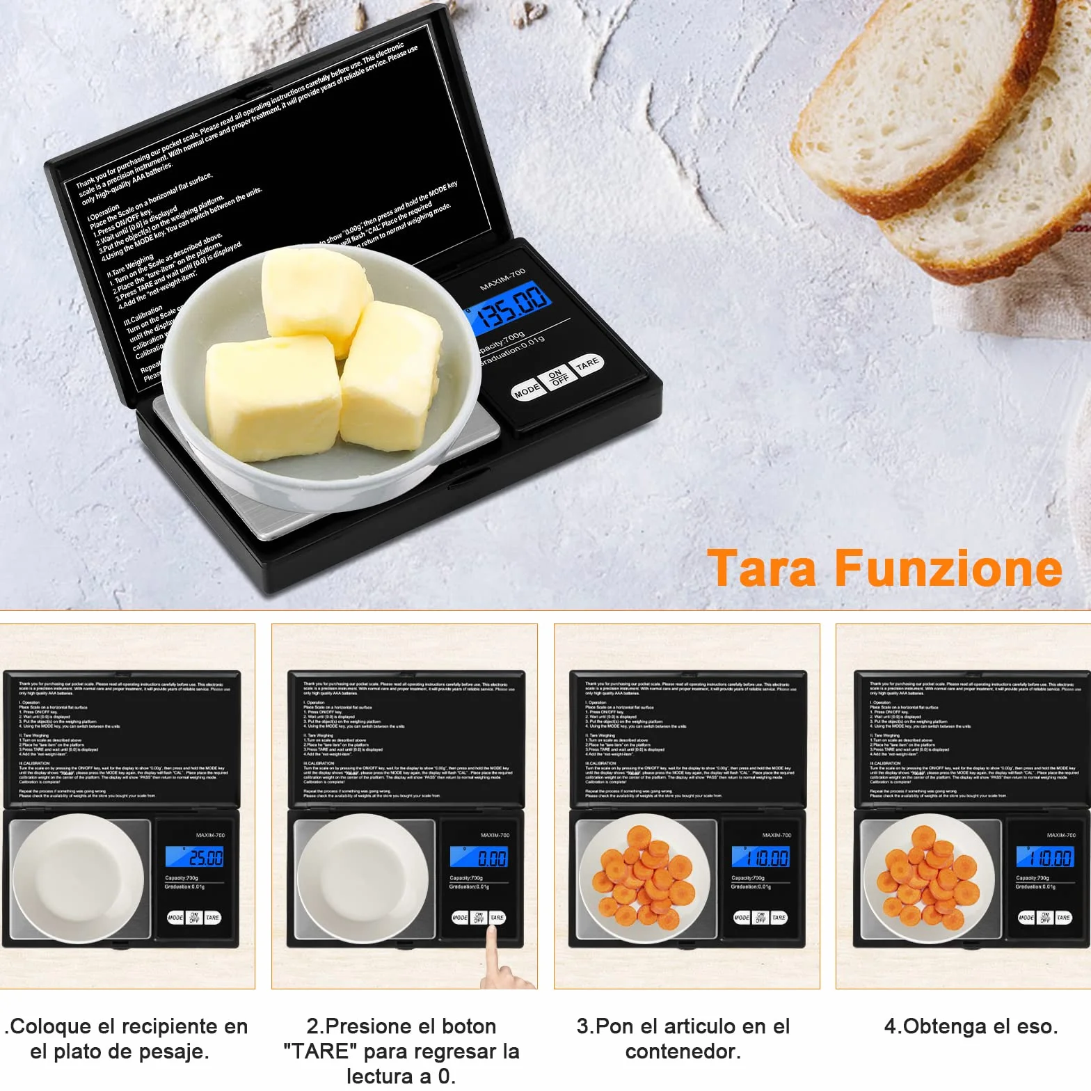 Vinabo Báscula de Alta Precisión 700g / 0.01g, Balanza de Alimentos Multifuncional, Función Tara, para Ingredientes, Cocina, Joyería, Negro