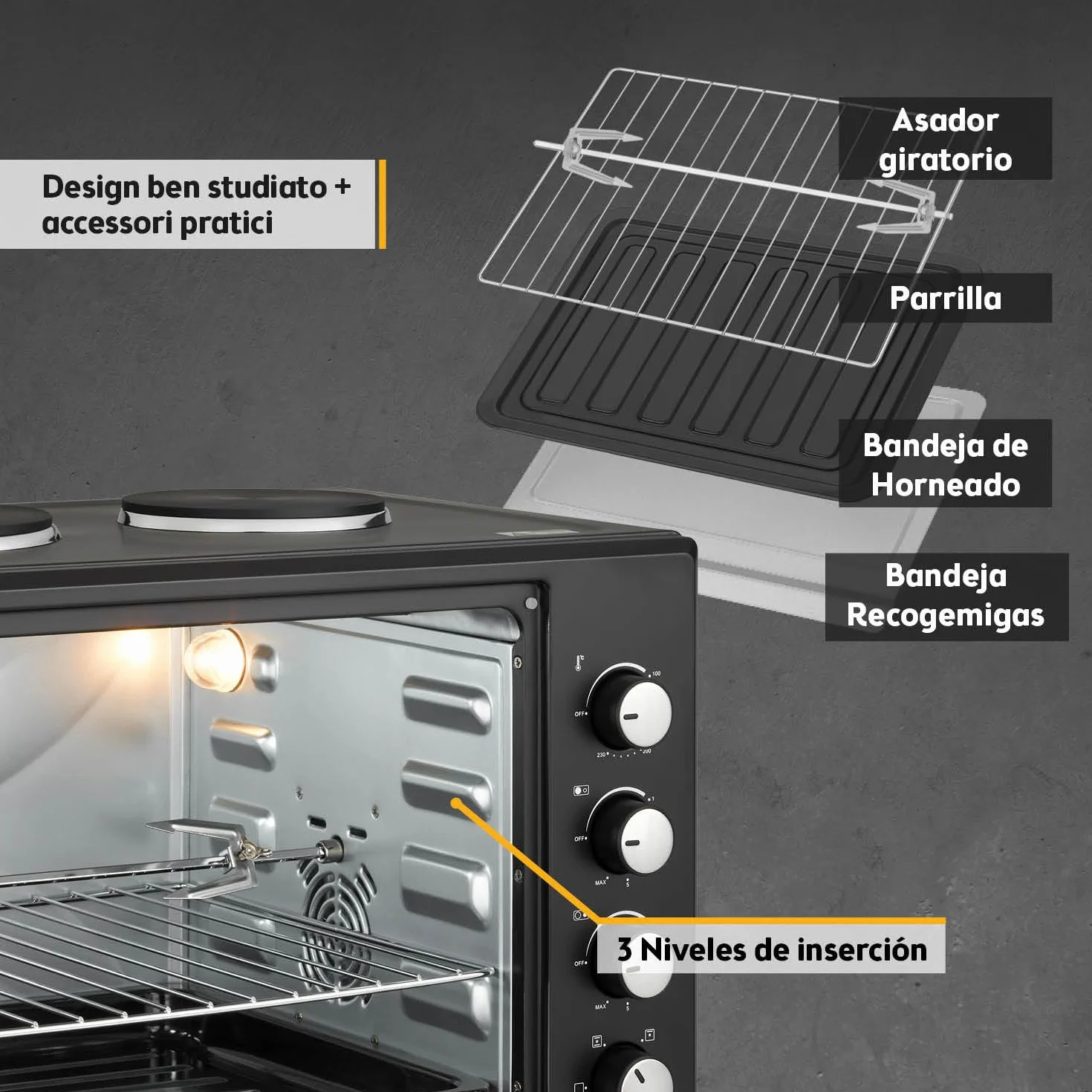 TZS First Austria Mini Horno 30L 3200W con Quemadores para Pizza 230°C 6 Modos