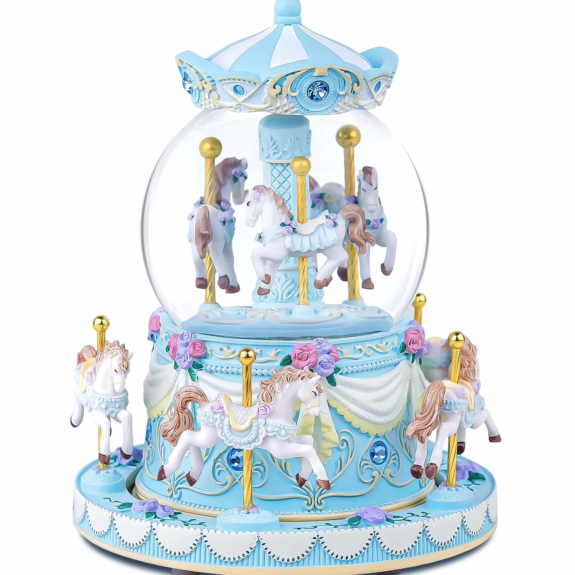 Globo de nieve con caja de música de carrusel de cumpleaños para niñas, globo de nieve azul con caballo de carrusel para esposa, novia, hija, mamá, hijo, aniversario, día de la madre con luces
