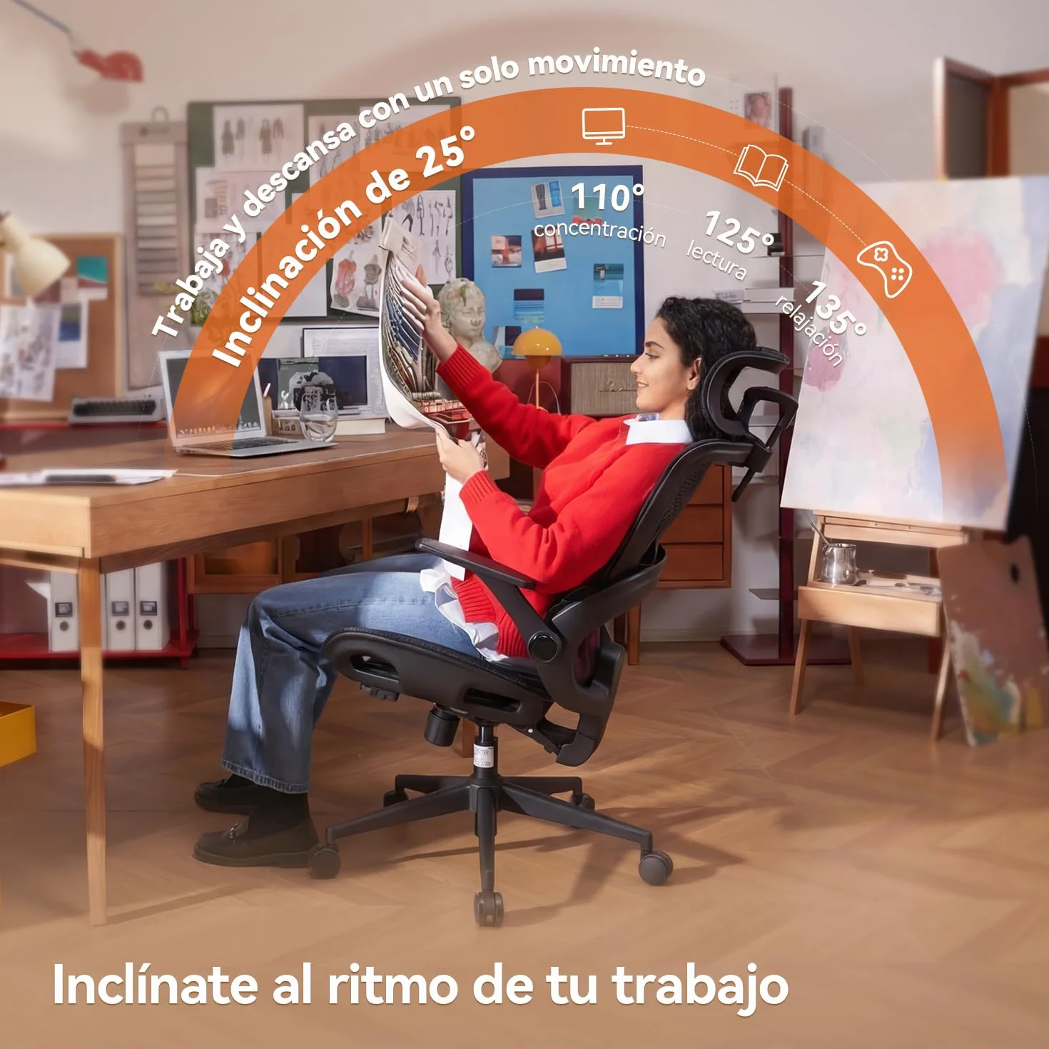 SIHOO Silla de Oficina Ergonómica B100 con Soporte Lumbar, Reposacabezas y Reposabrazos Abatibles, Negra