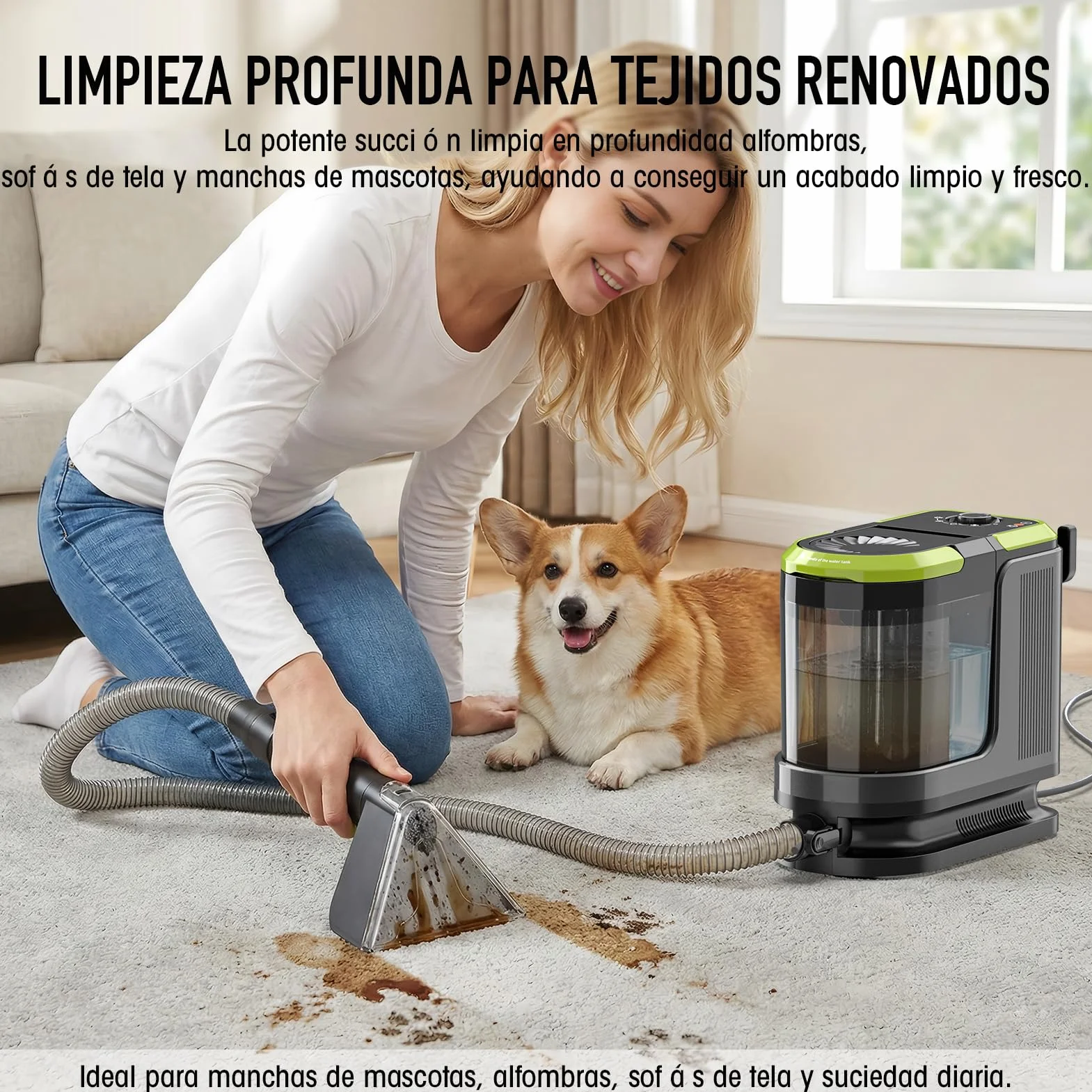 HYCHIKA Limpiador de Tapicerías con Aspiración y Lavado 1800W | 17 kPa, Limpiador de Alfombras con Lavado y Aspiración, Limpiador Textil Portátil, Quitamanchas para Sofá, Tapicerías y Coche