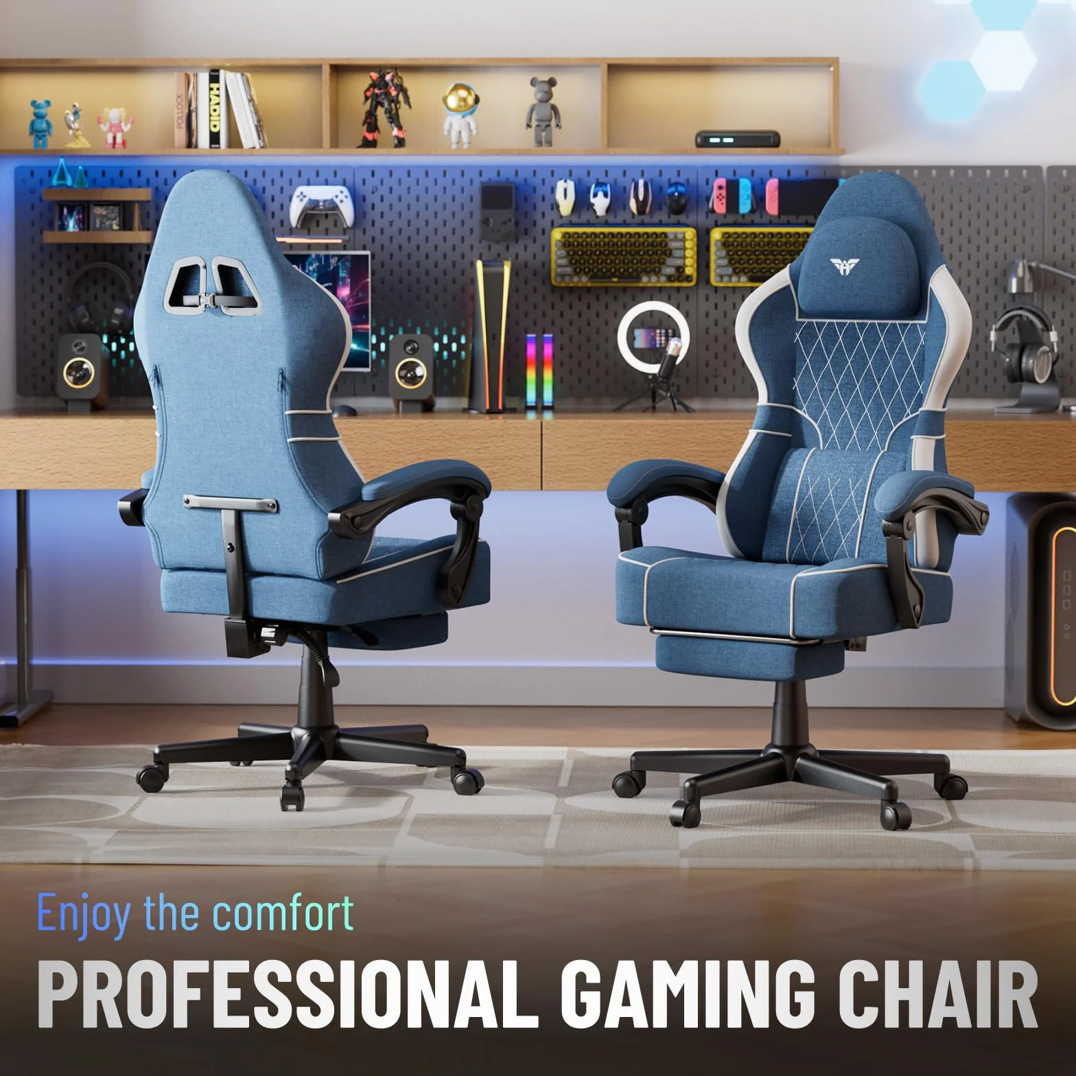 Huracan Silla Gaming con función masajeador, Silla Gamer Oficina con reposacabeza y Soporte Lumbar, sillón ergonómico Gaming con reposapiés, Respaldo Ajustable 90-160°, 150KG, algodón y Lino, Azul