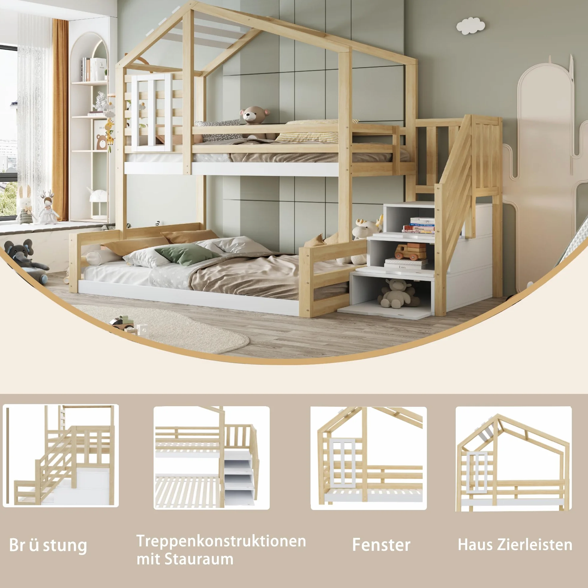 LAKFEW Litera 90(140)x200 cm con Escalera Almacenaje y Diseño de Techo, Cama Infantil para 2 Niños, Cama Litera Matrimonio con Barandilla Anticaída y Ventana, Literas Infantiles, Natural, Sin Colchón