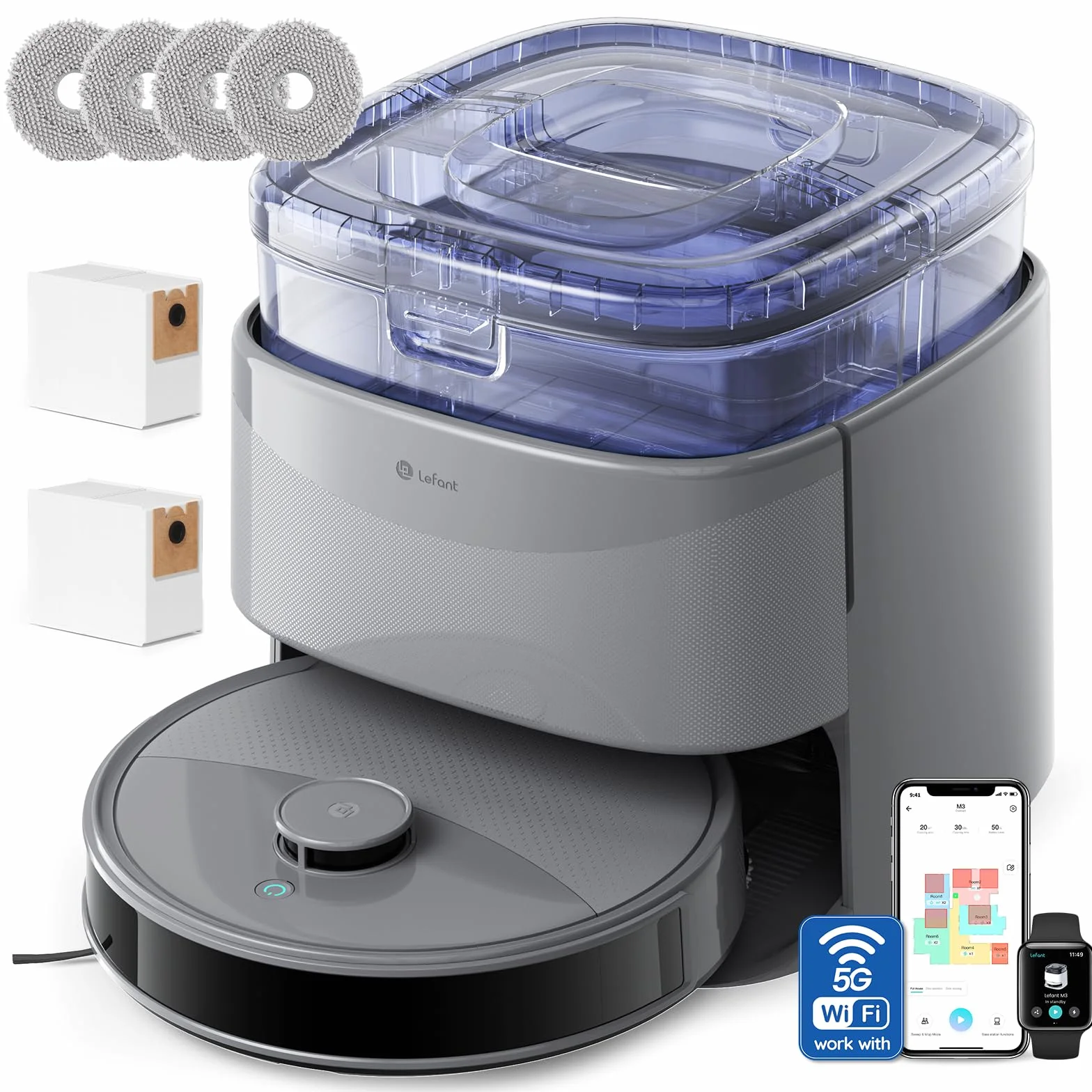 LEFANT M3 Max Robot Aspirador y Fregasuelos, 20000 Pa, 210min, Auto-Lavado Secado Mopa, Auto-Vaciado 3.2L, dToF Navegación Láser, WiFi Alexa App iWatch