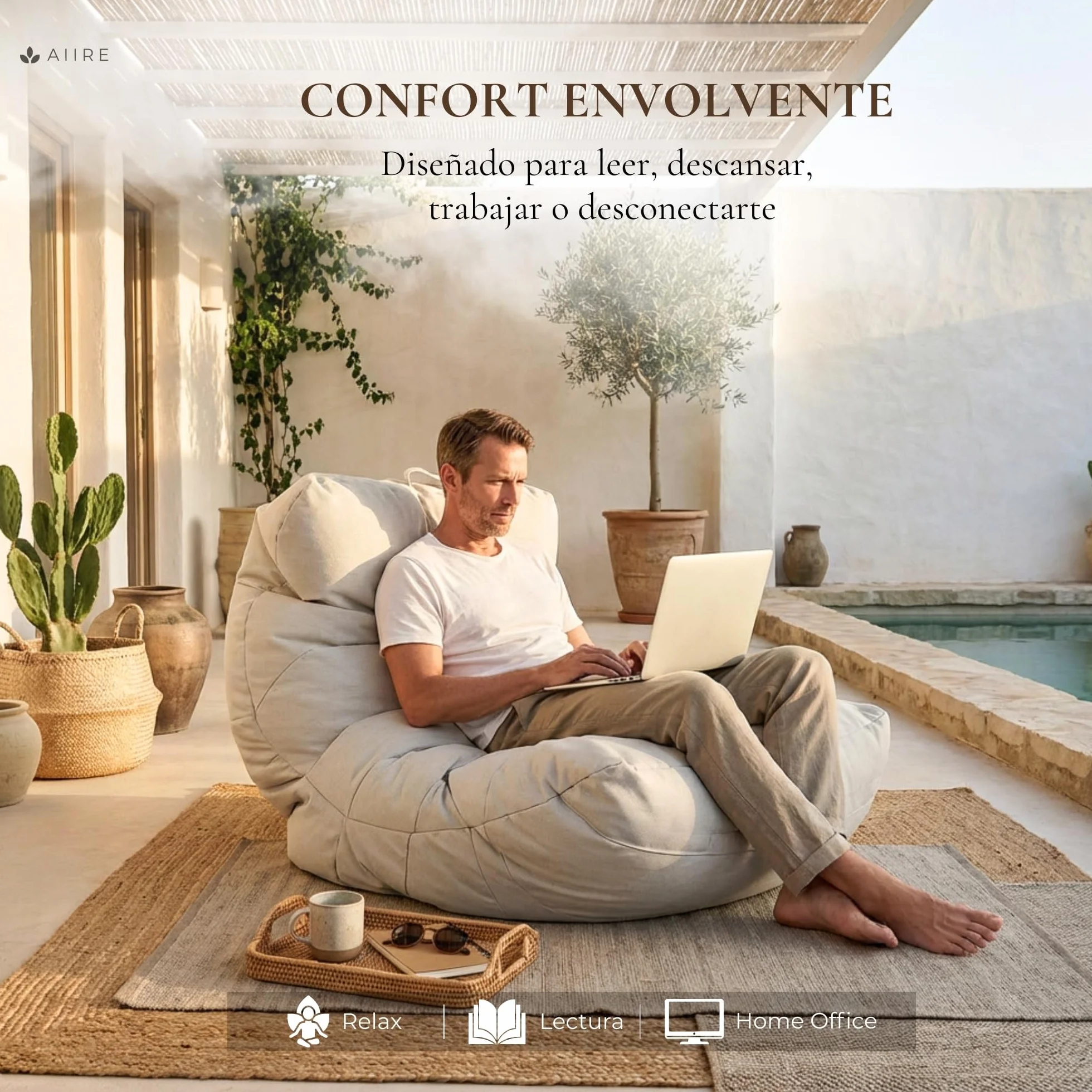 Aiire Puff Exterior Jardín Moderno - Sillón Puf XXL con Relleno Incluido de Diseño Terraza o Piscina - Outdoor Bean Bag Chair Gris Claro