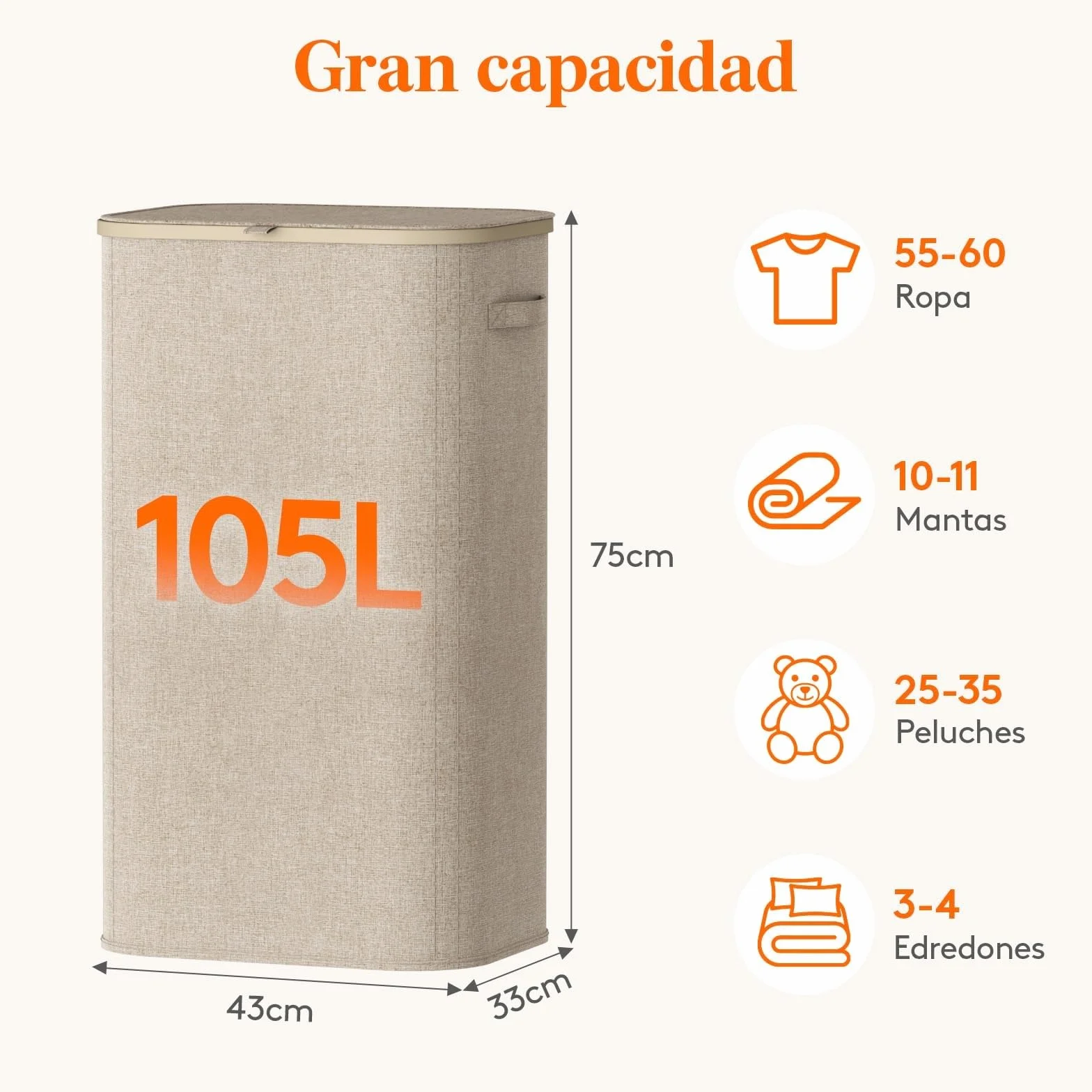 Lifewit Cesto Ropa Sucia, Cesta Ropa Plegable con Bolsa Extraíble y Asa, Cubo Ropa Sucia con Tapa, Laundry Basket para Dormitorio, Baño, Lavandería, Dormitorio, 105 L, Beige