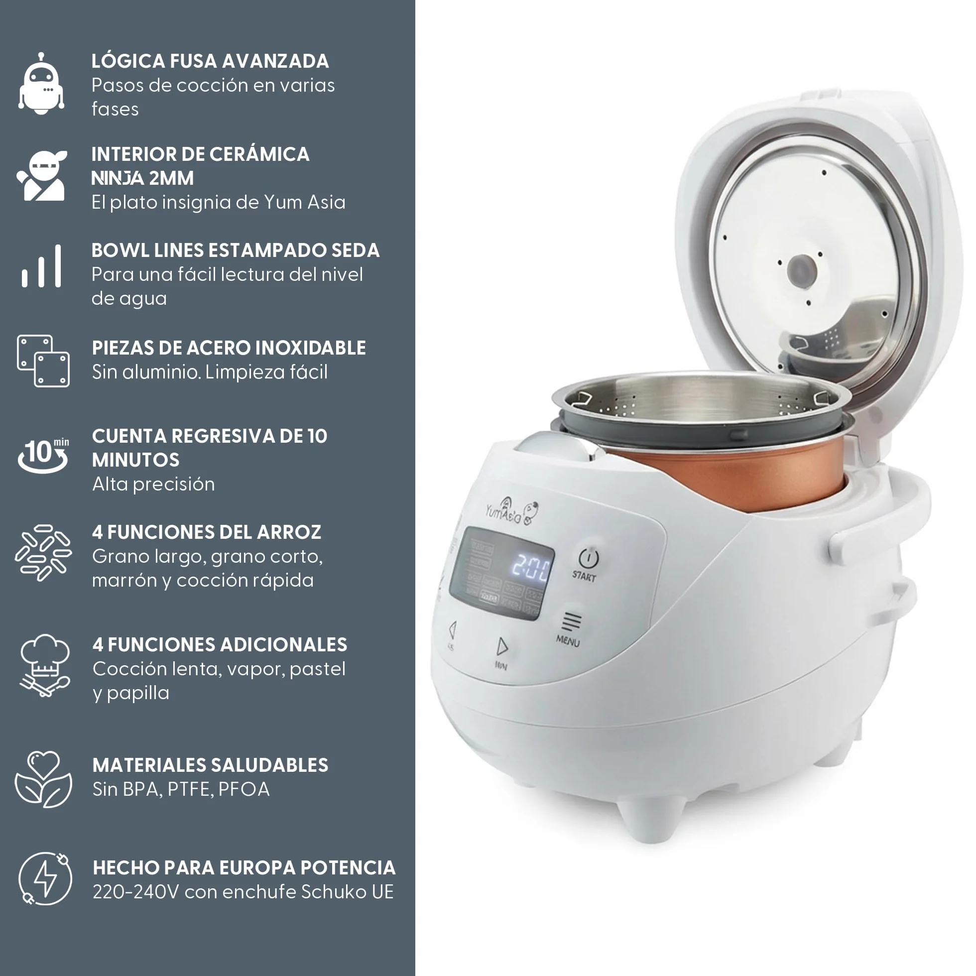 Yum Asia Panda Mini arrocera con cuenco de cerámica Ninja y lógica difusa avanzada (3,5 tazas, 0,63 litros) 4 funciones de arroz, 4 funciones de multicocina 220-240V (Arctic White)