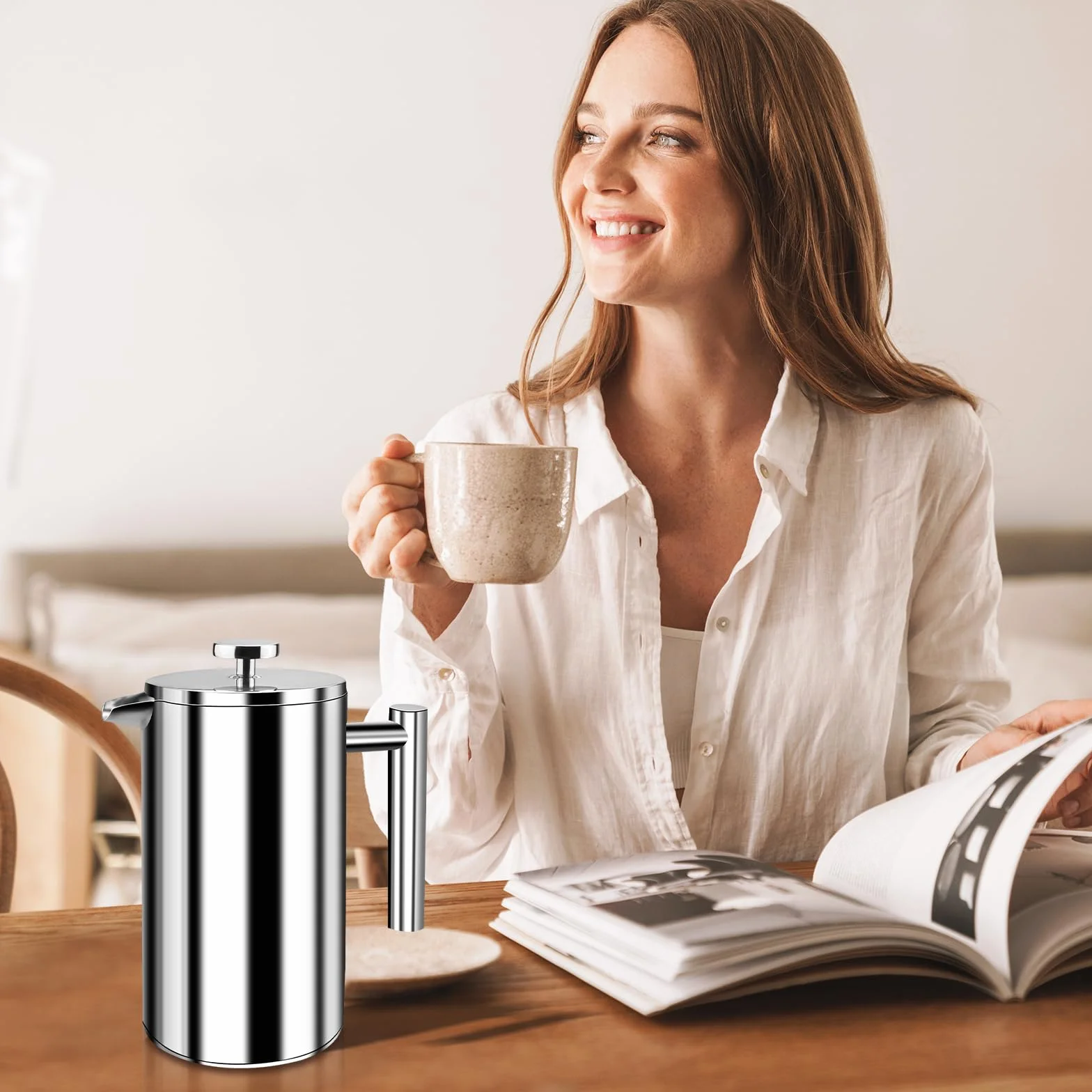 Cafetera de acero inoxidable, 800 ml, prensa francesa, sistema de aislamiento de doble pared con construcción de dos capas, gran capacidad, ideal para regalar a los amantes