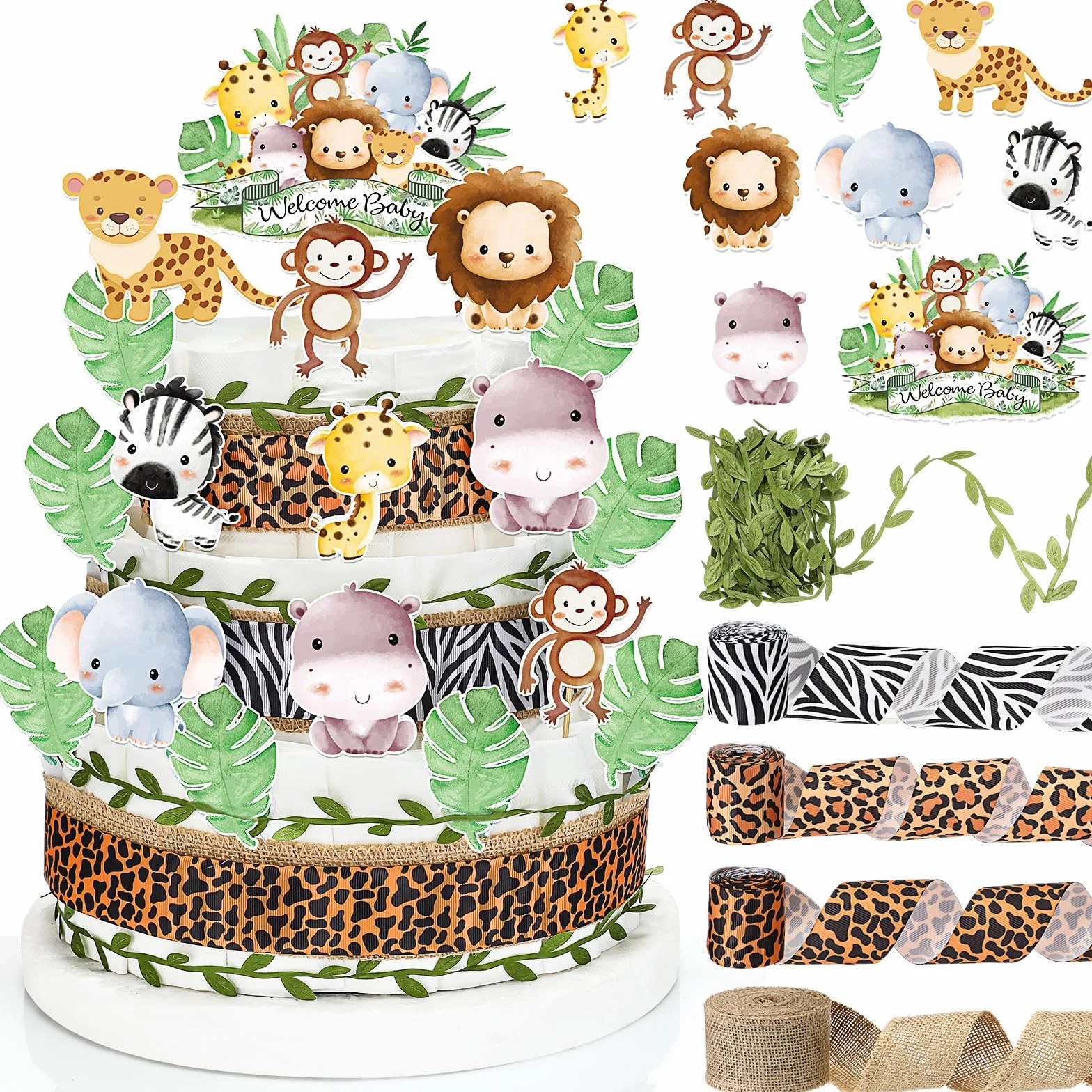 MotiMind Juego de 31 piezas de pasteles de pañales de animales de la selva, decoración de pastel de pañales para baby shower con recortes de animales de safari, cinta de hojas de arpillera, cinta con