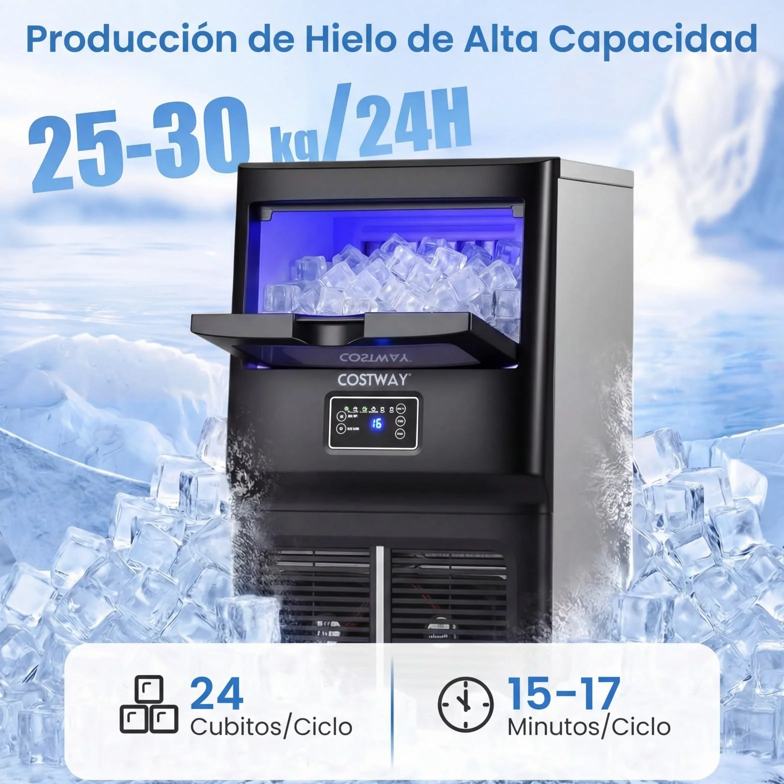COSTWAY Maquina de Hielo Comercial, 25-30 kg/24H, 24 Cubos en 15-17 Minutos, Maquina de Hacer Hielo, Ice Maker de Acero Inoxidable con Autolimpieza, 34,4 x 35,6 x 62,3 cm