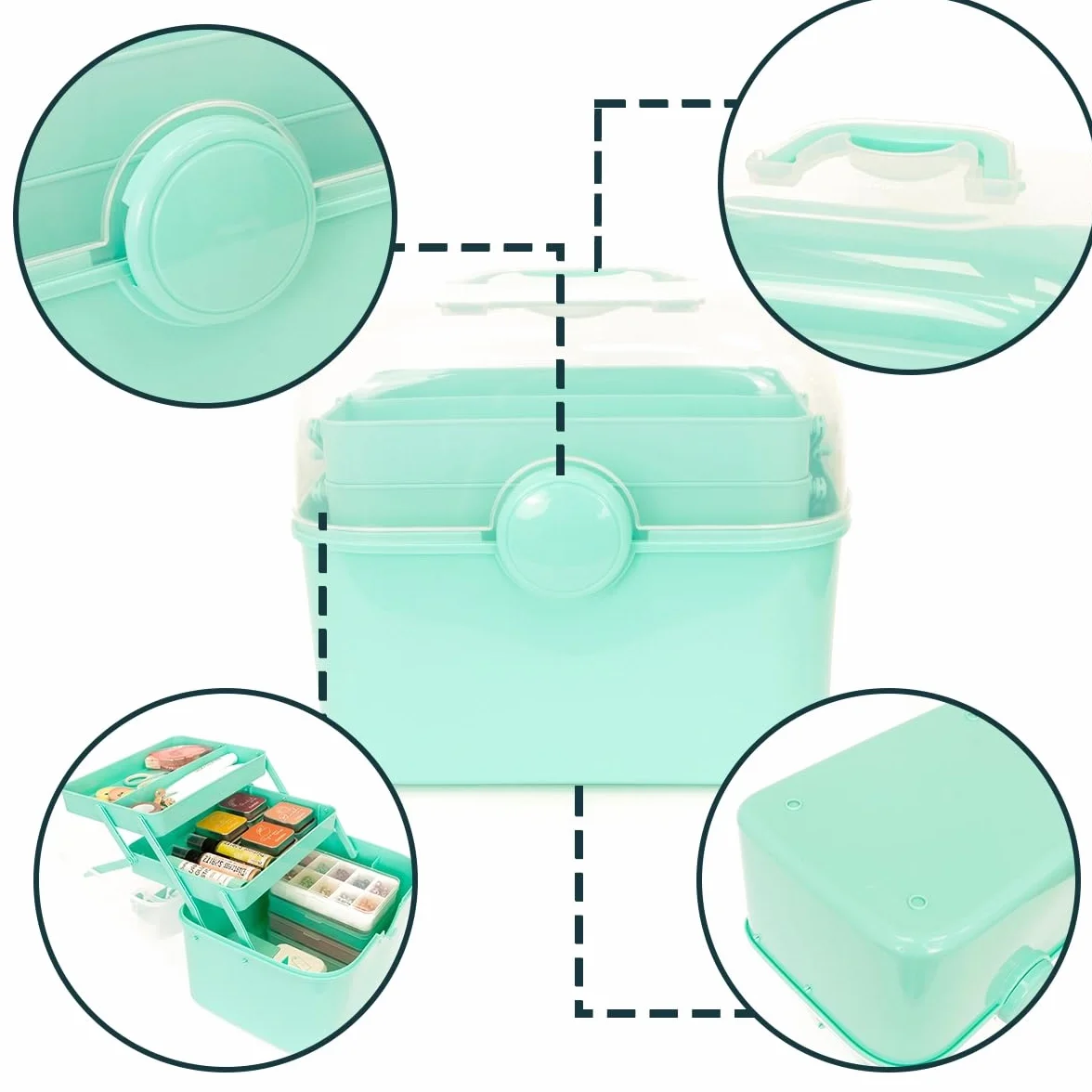 Craftelier - Caja de Almacenamiento Multiusos de Plástico Resistente | Organizador 3 Niveles con Bandejas Extraíbles para Herramientas, Manualidades, Botiquín y Accesorios | 27x23x23,5 cm | Verde