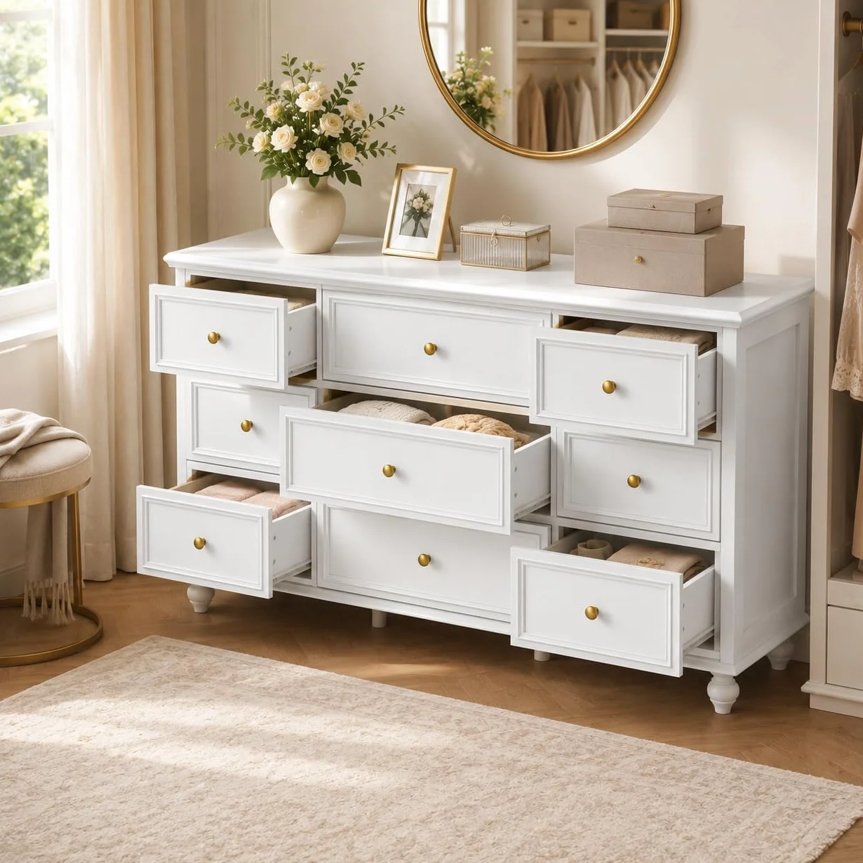 Aparador de sala de estar, cómoda con 9 cajones, mueble de almacenamiento versátil para pasillo, dormitorio y sala de estar, blanco, asas doradas, MDF, 160 × 40 × 80 cm