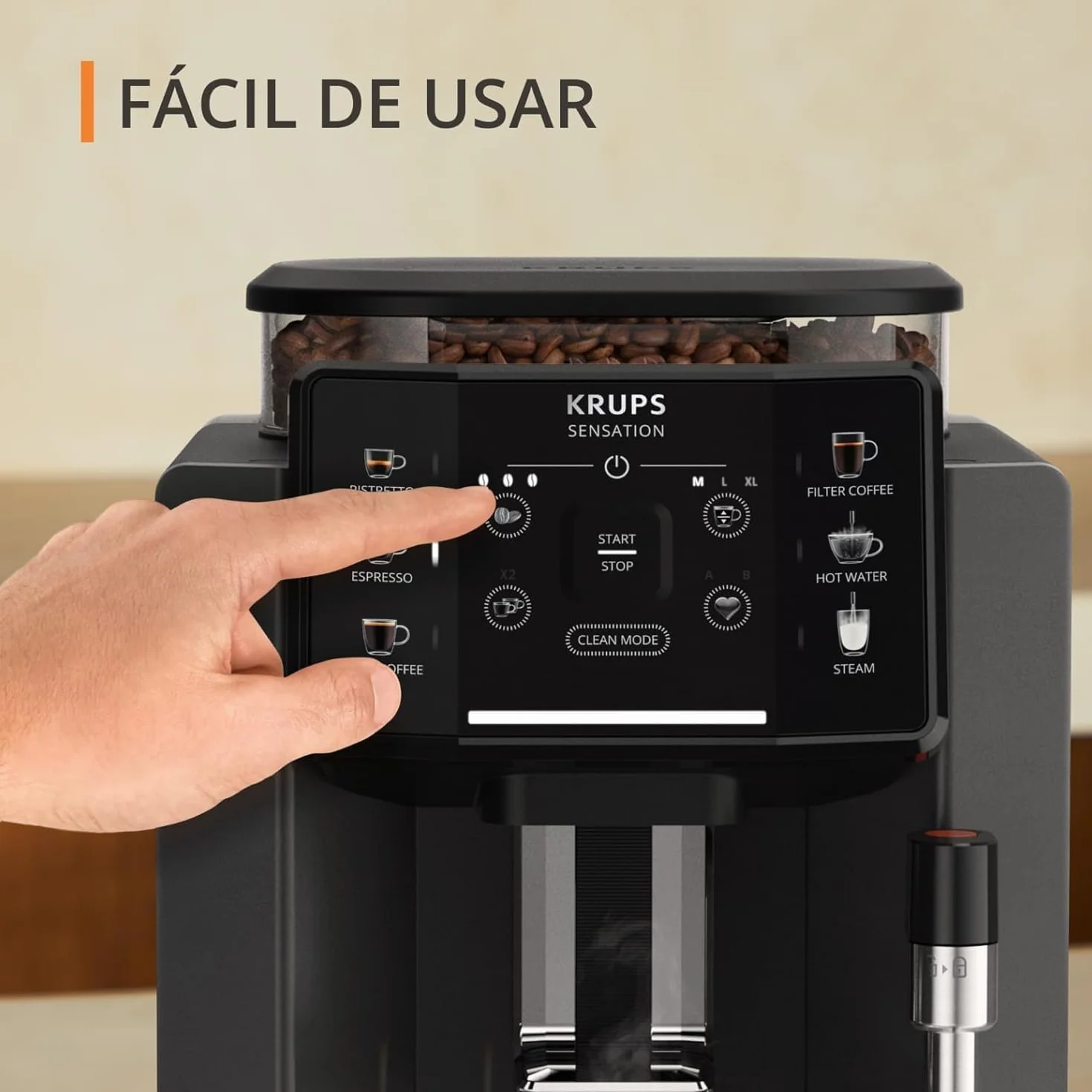 Krups Sensation C50, Cafetera superautomática, Potencia 1450W, Fácil uso, 5 tipos bebidas, Fácil mantenimiento, Alertas lumínicas, Cómoda limpieza, Ajustes personalizados, Boquilla vapor, EA9108