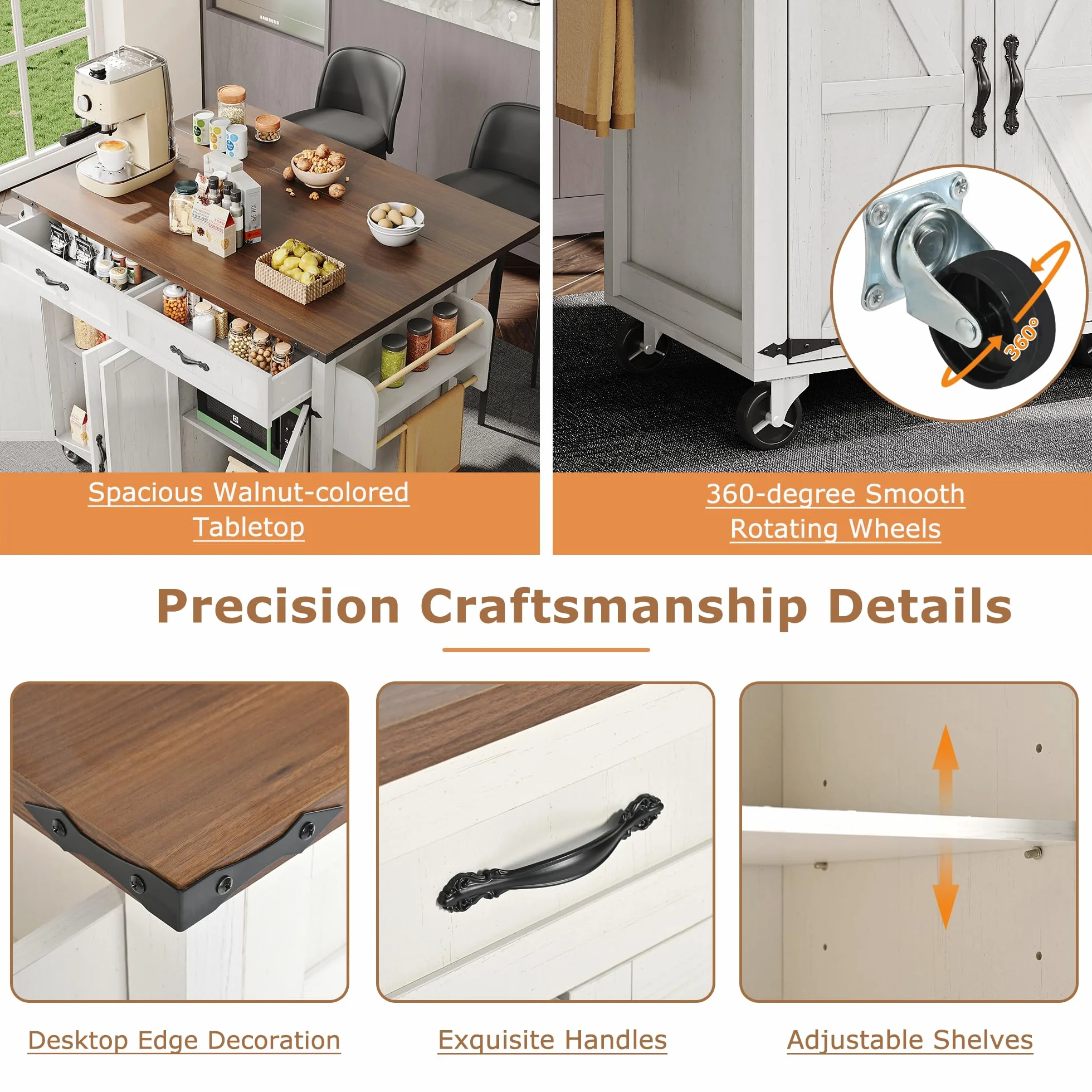 Isla de cocina con superficie de trabajo extraíble, mueble con cuatro puertas y dos cajones, carro de comedor