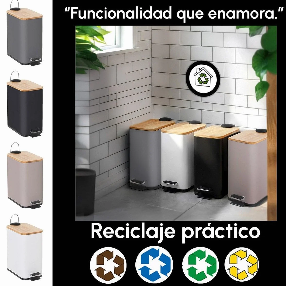 Papelera de pedal rectangular de 5 litros con acabado mate. Tapa de bambú y cuerpo de metal negro. Cubo interior de polipropileno extraíble con asa. Medidas: 25x14x27 cm