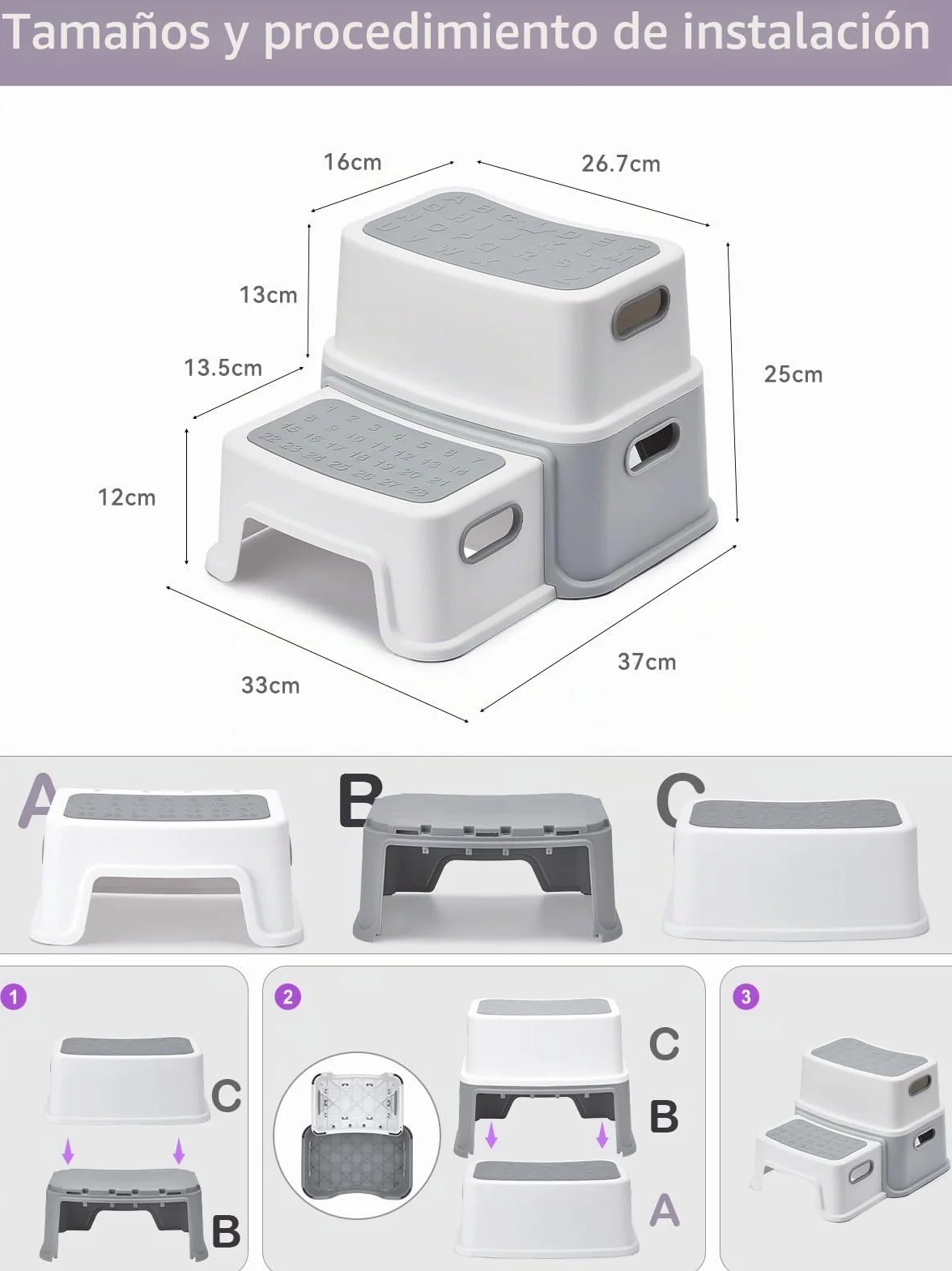 HOUSE DAY Taburete infantil de 2 niveles (25 cm de alto) con patas antideslizantes para baño, inodoro y taburete antibasculante
