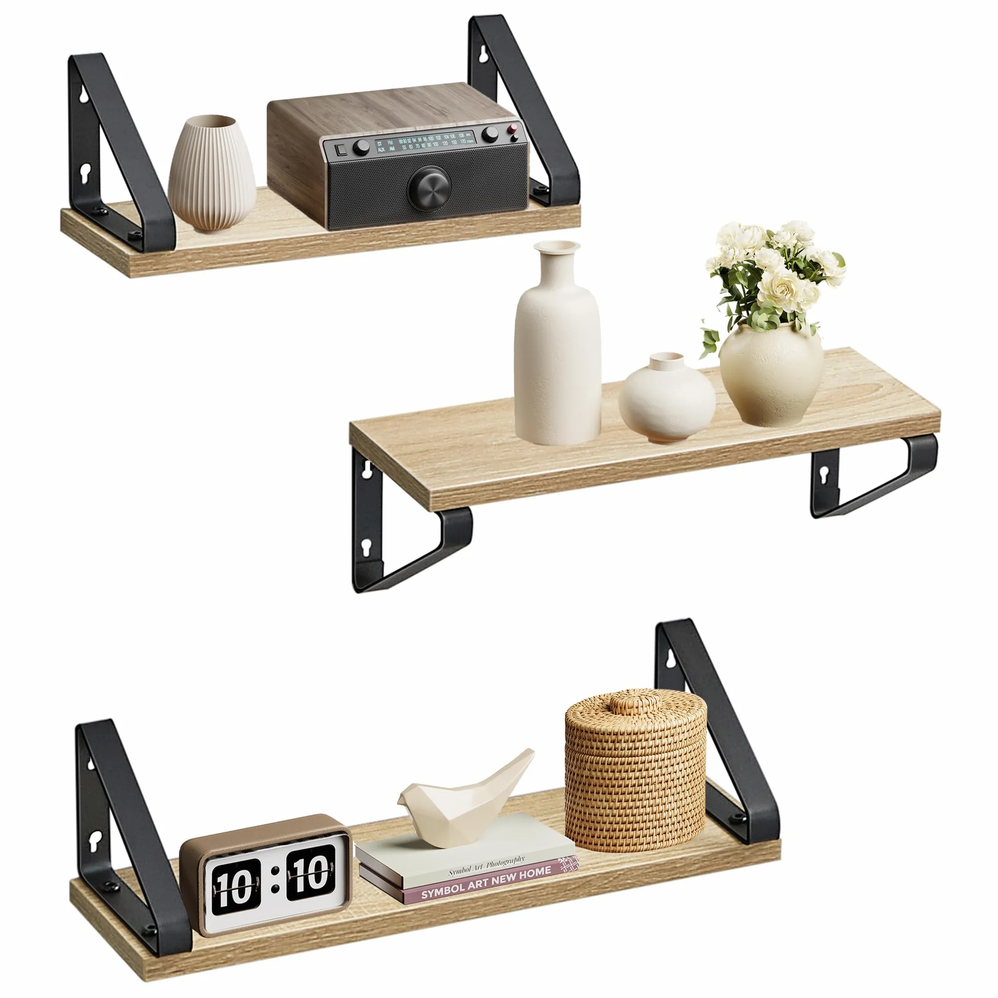 VASAGLE Estantes de Pared, Estantes Flotantes, Juego de 3, 2 Formas de Montaje, 30/35/40 cm, Estantes Decorativos, para Salón, Baño, Cocina, Roble y Negro LWS033B11