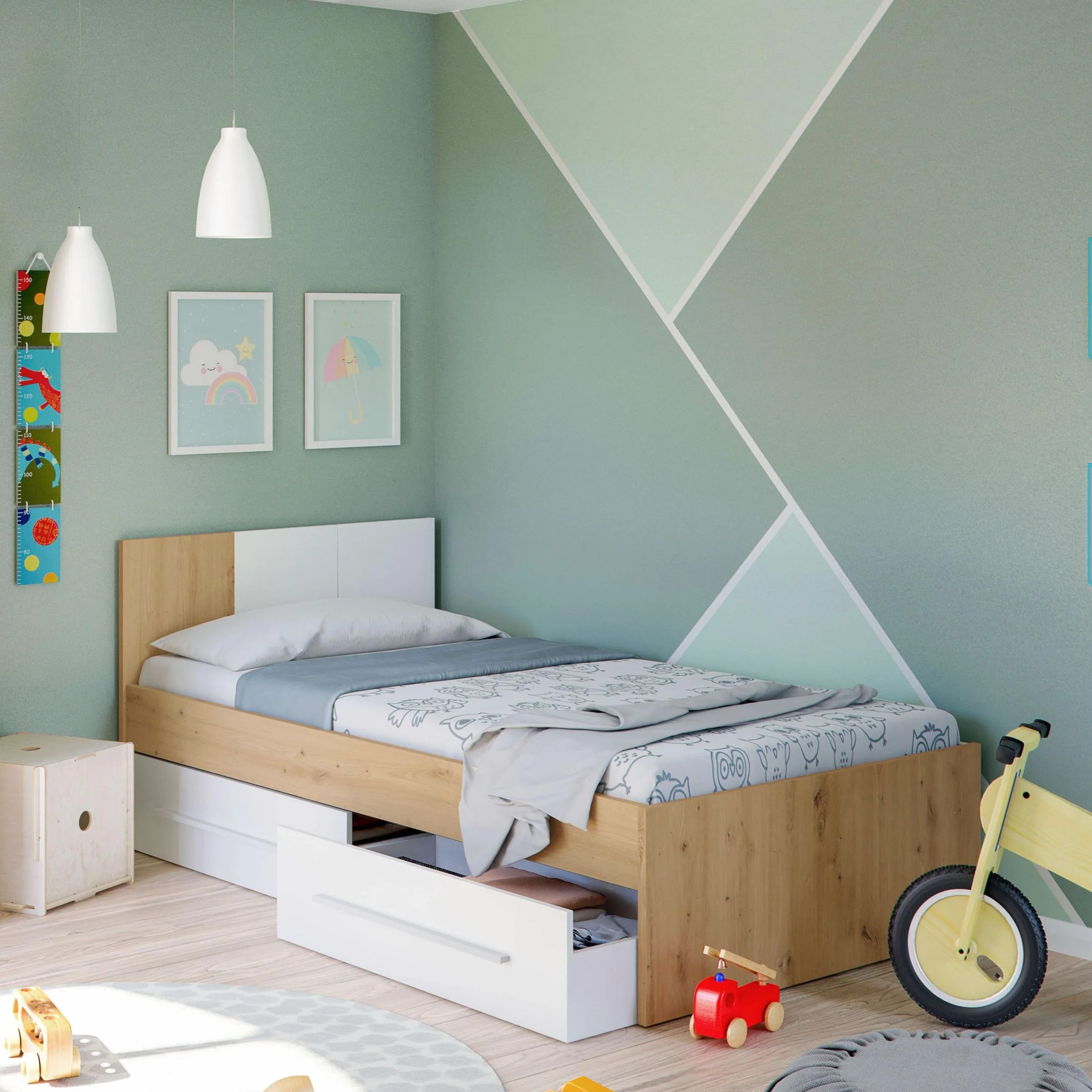 Habitdesign – Cama Individual Juvenil con 2 Cajones, Reversible, Color Blanco Artik y Roble Nodi, 196x97x77 cm – Modelo Noa (Sin Somier)