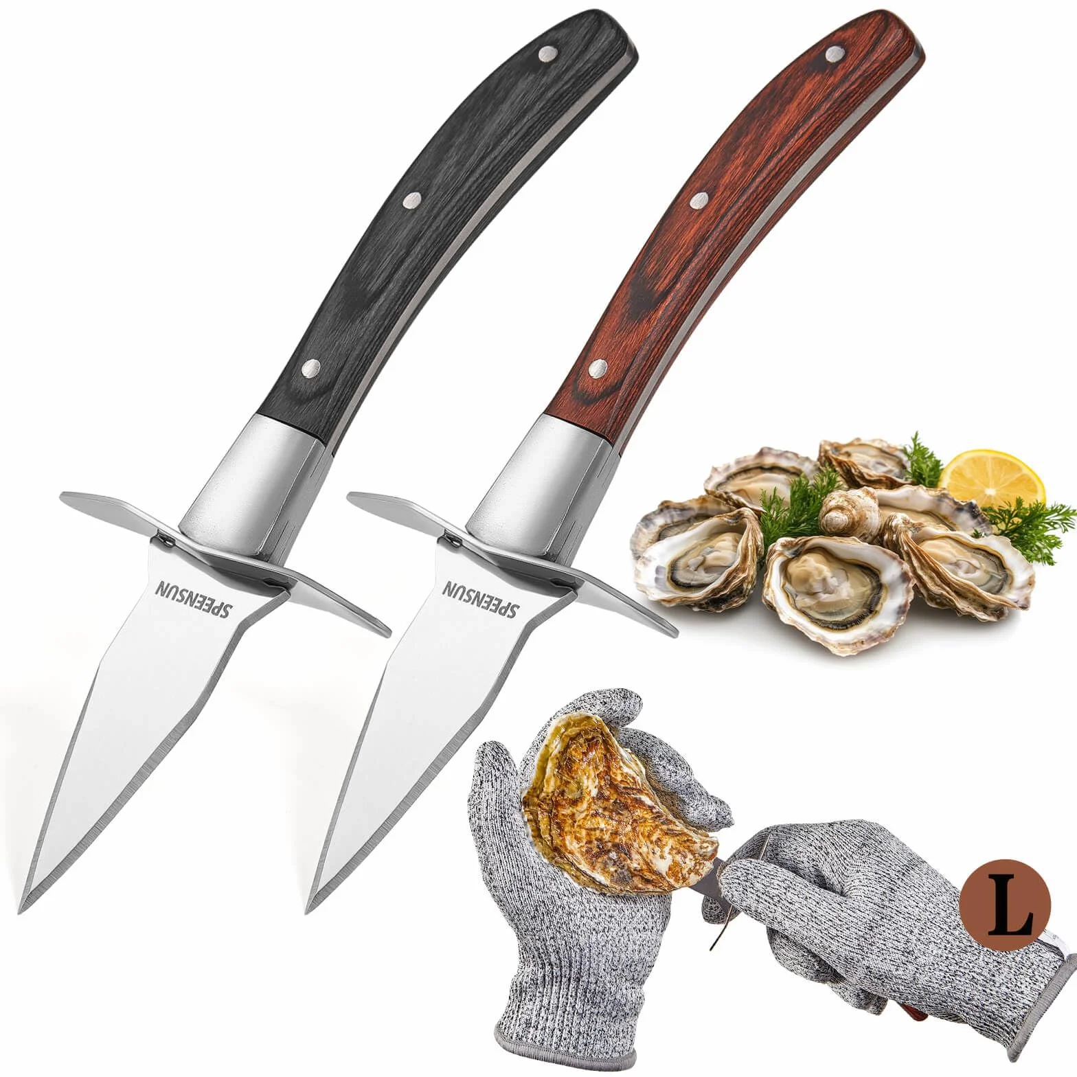 Cuchillo para desmenuzar ostras, 2 juegos de cuchillos resistentes para ostras con mango de madera cómodo, kit de desmontaje de ostras con 1 par de guantes de protección de nivel 5 resistentes a los