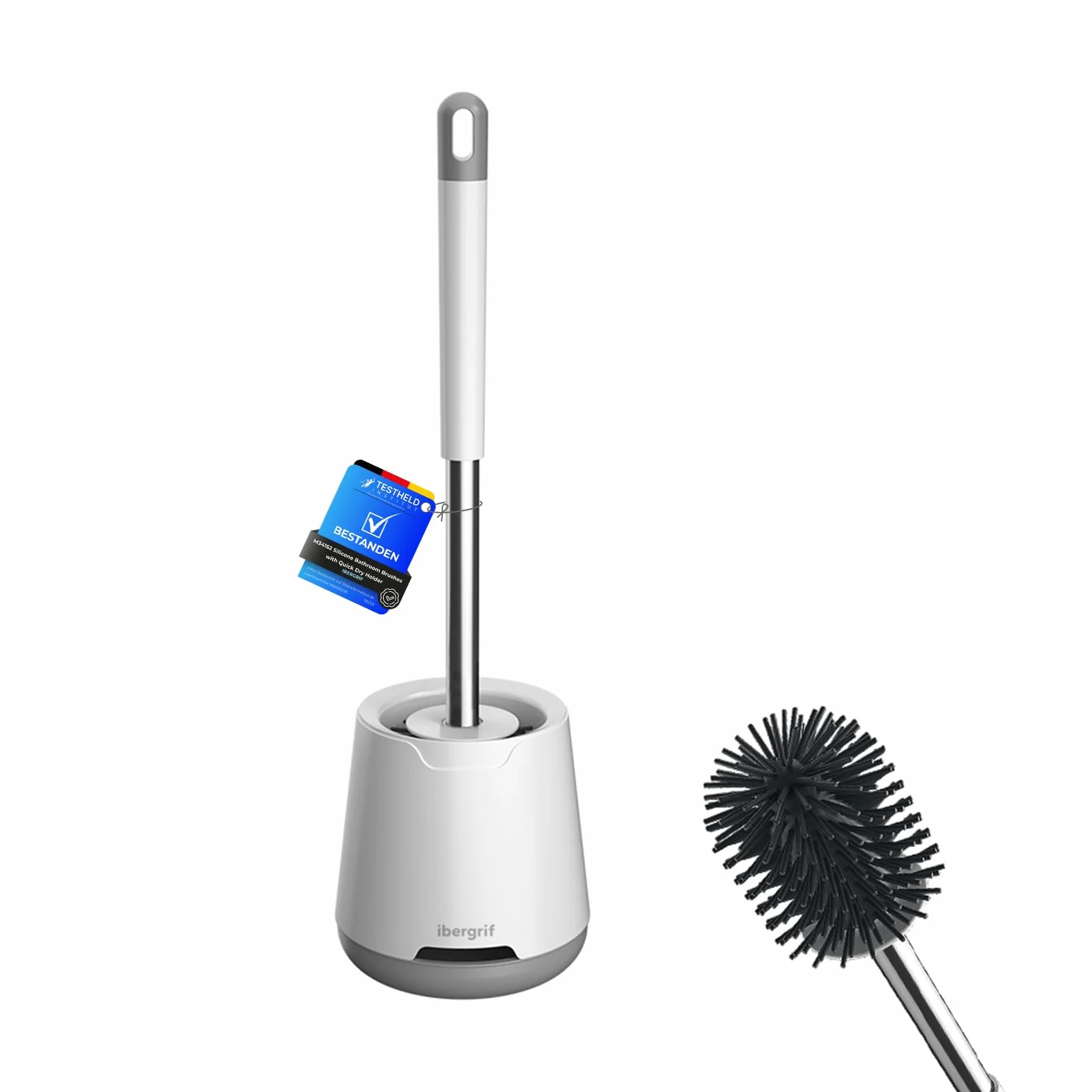 Ibergrif Escobilla de Baño con Soporte, Cepillo de Silicona Antibacteriano, Blanco