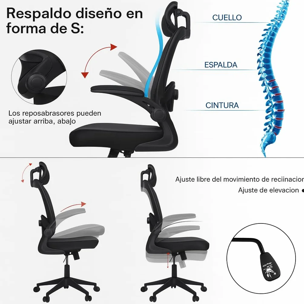 Silla de Oficina Ergonómica Giratoria con Ruedas, Malla Transpirable, Reposacabezas y Apoyabrazos Ajustable