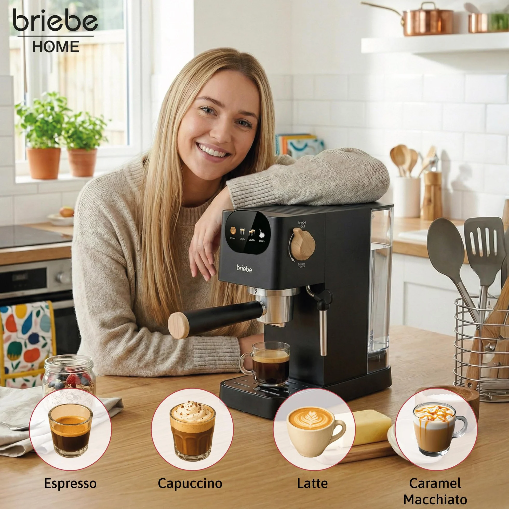 briebe Nordic Cafetera Espresso 20 Bares Compatible Cápsulas Nespresso y Café Molido, Máquina Café Semiautomática Profesional 1350W, Espumador Leche, Pantalla Táctil, 1,2L, Diseño Nórdico, Negro