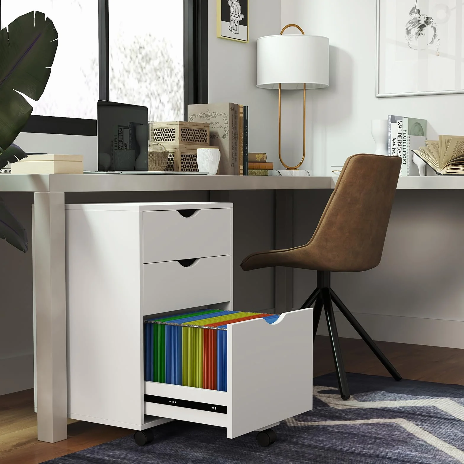 HollyHOME Armario de 3 cajones de madera con ruedas para colgar documentos, color blanco