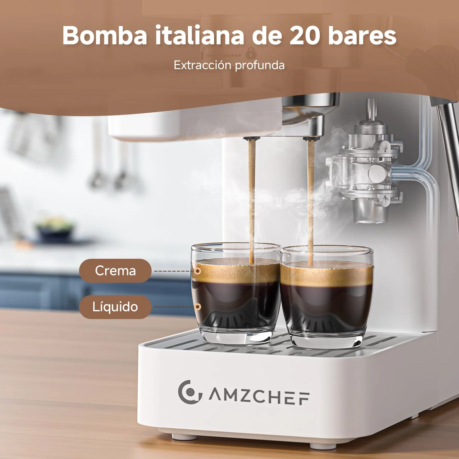 AMZCHEF Cafetera Espresso de 20 Bares, coffee machine con espumador de leche profesional, pequeña cafetera espresso para capuchino, latte y macchiato, depósito de agua de 1,5L, 1350W,color blanco