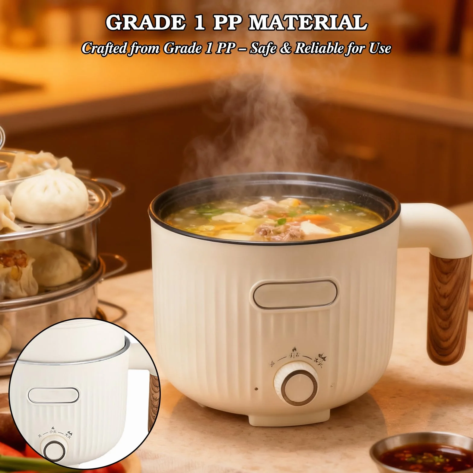 Olla eléctrica antiadherente 2L, multicocina portátil con vapor, mini olla de sopa rápida