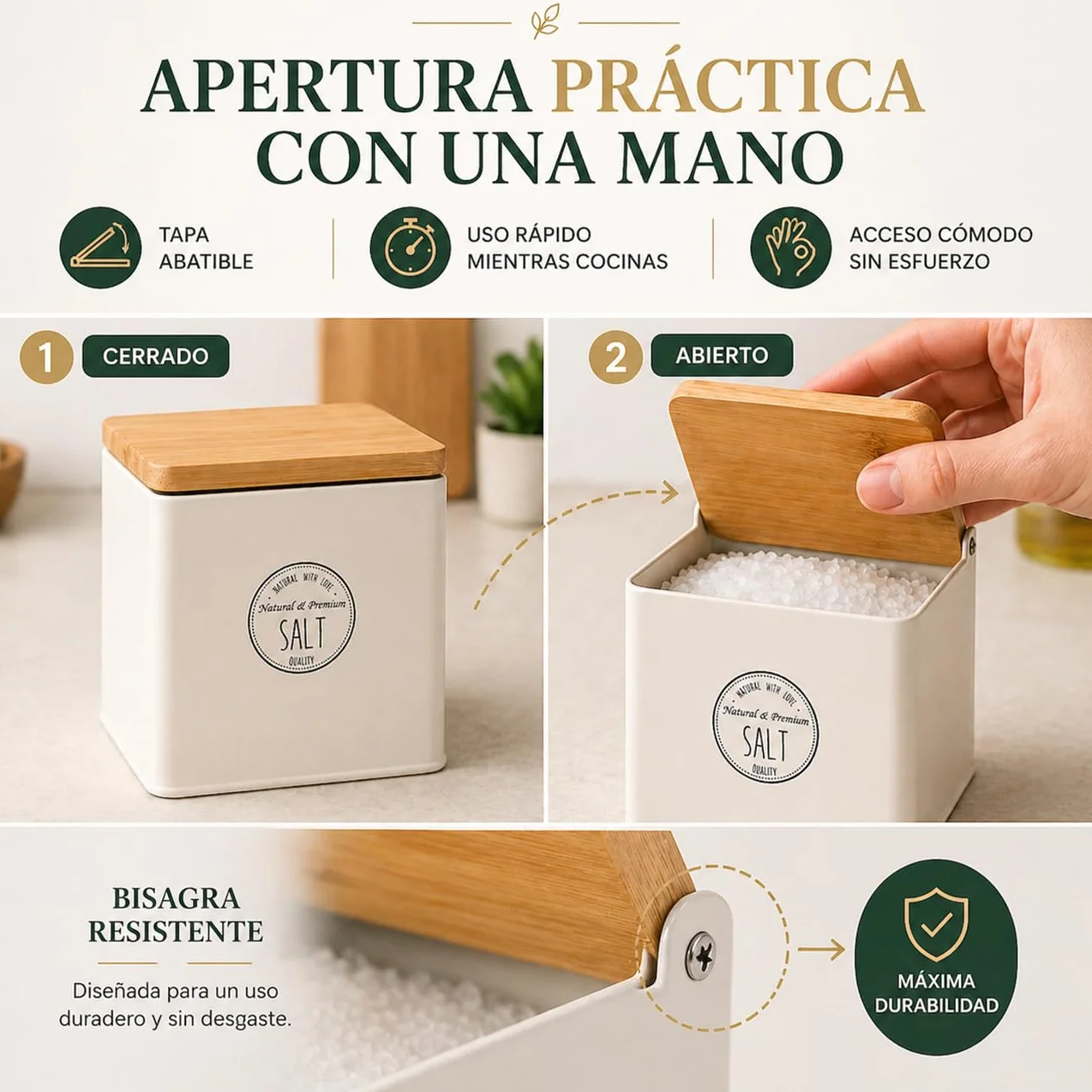 TIENDA EURASIA – Salero de Cocina con Tapa de Bambú | Recipiente para Sal | Diseño Moderno | 11x14x11 cm | Estructura Metálica | Tapa Abatible | Ideal para Cocina y Mesa (Crema)