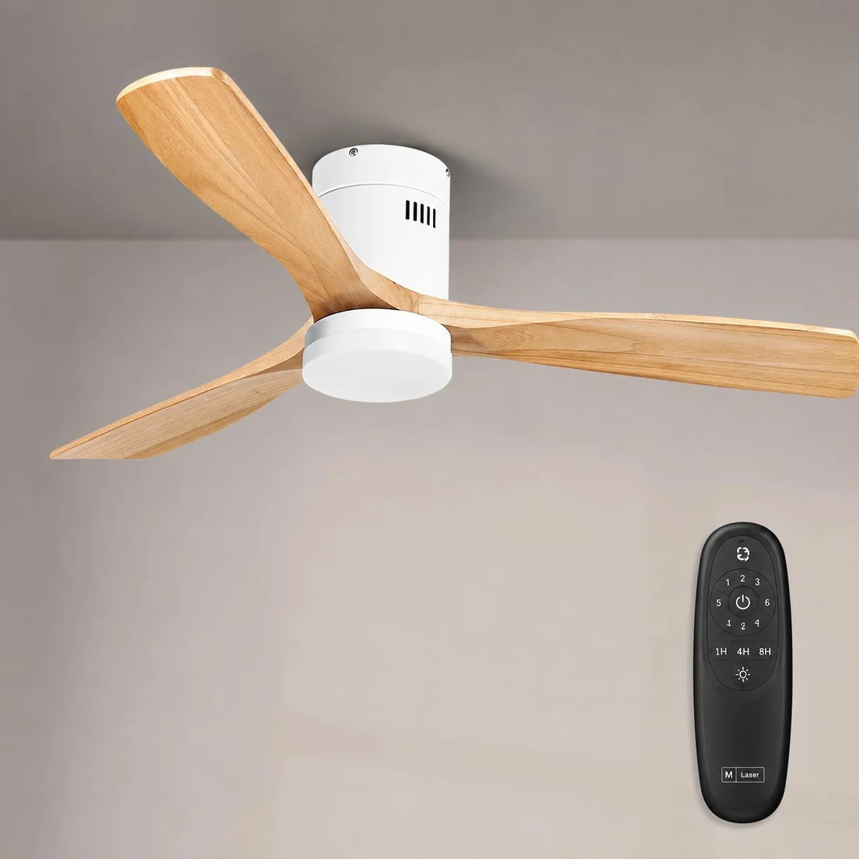 M mimotec - Ventilador Techo Energy con Luz LED Regulable en intensidad, Motor DC Silencioso, Aspas Efecto Madera Ø132 cm, Mando, 6 Velocidades, 3 Temperatura de Luz, Temporizador, Verano/Invierno