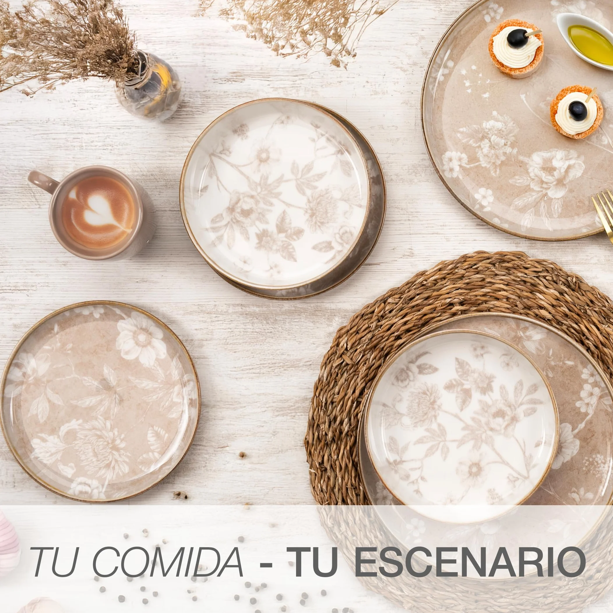 Moritz & Moritz MARIELLA - Vajilla de gres para 6 personas, 24 piezas, moderna vajilla en color beige con diseño divertido, servicio de café de fácil cuidado con platos, cuencos y tazas, vajilla