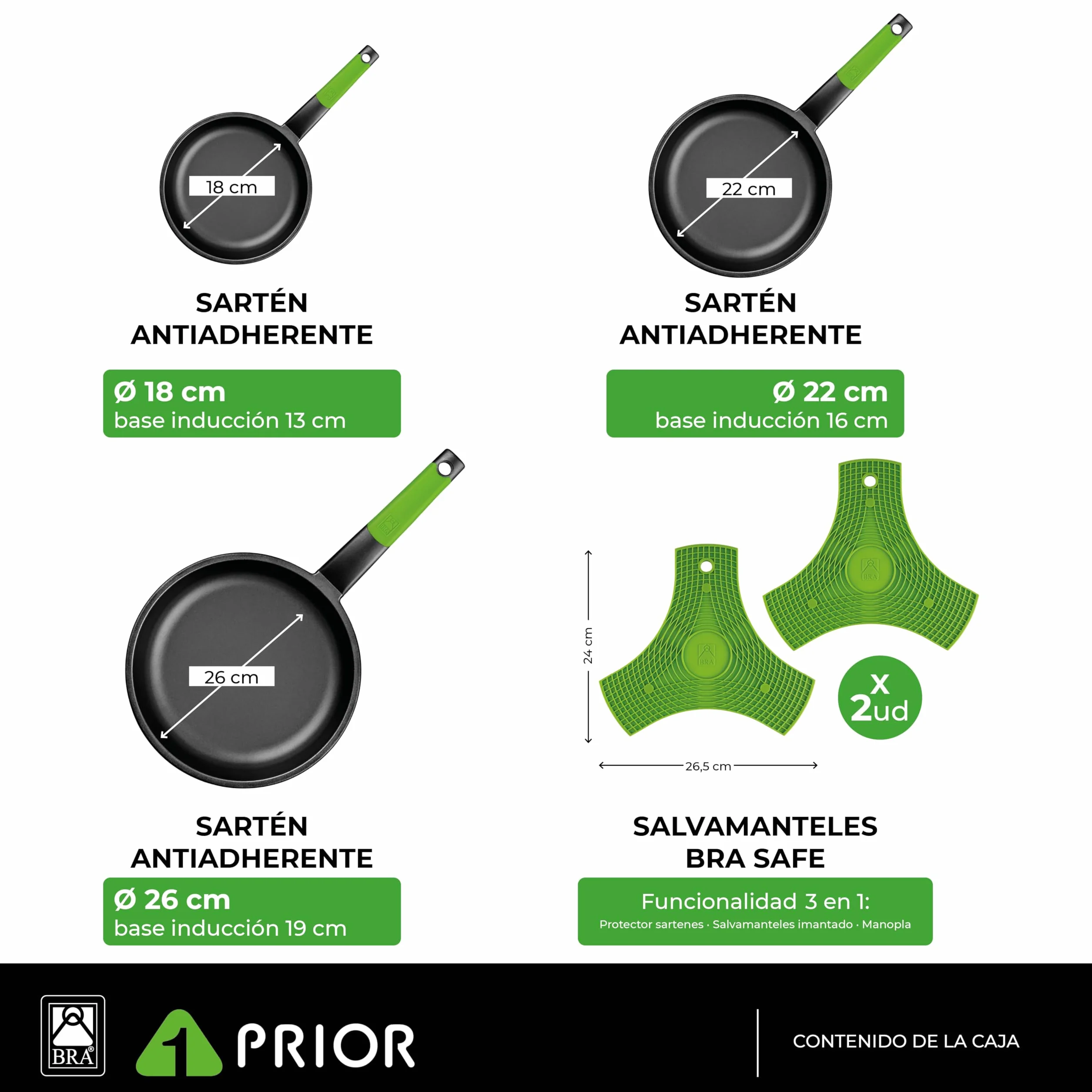 BRA Set de 3 Sartenes Antiadherentes Aluminio Fundido 18-22-26 cm con Salvamanteles Aptas Inducción