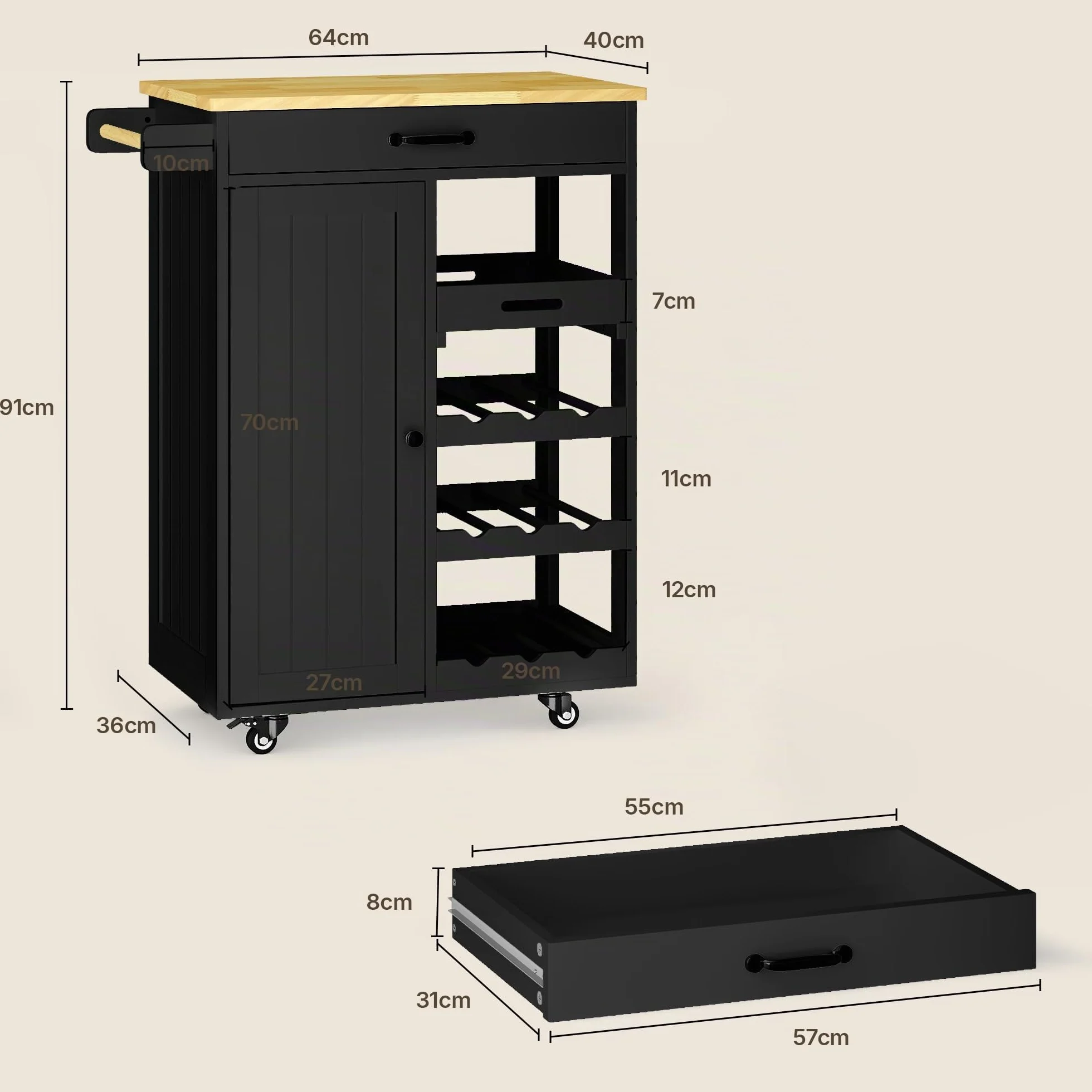 Xbro Carrito Auxiliar con Ruedas, Carrito con encimera, cajón, Bandeja extraíble, Estante para Vino, toallero y Gancho, Carrito Auxiliar para Cocina, Comedor y Bar, 40 x 64 x 91 cm, Negro