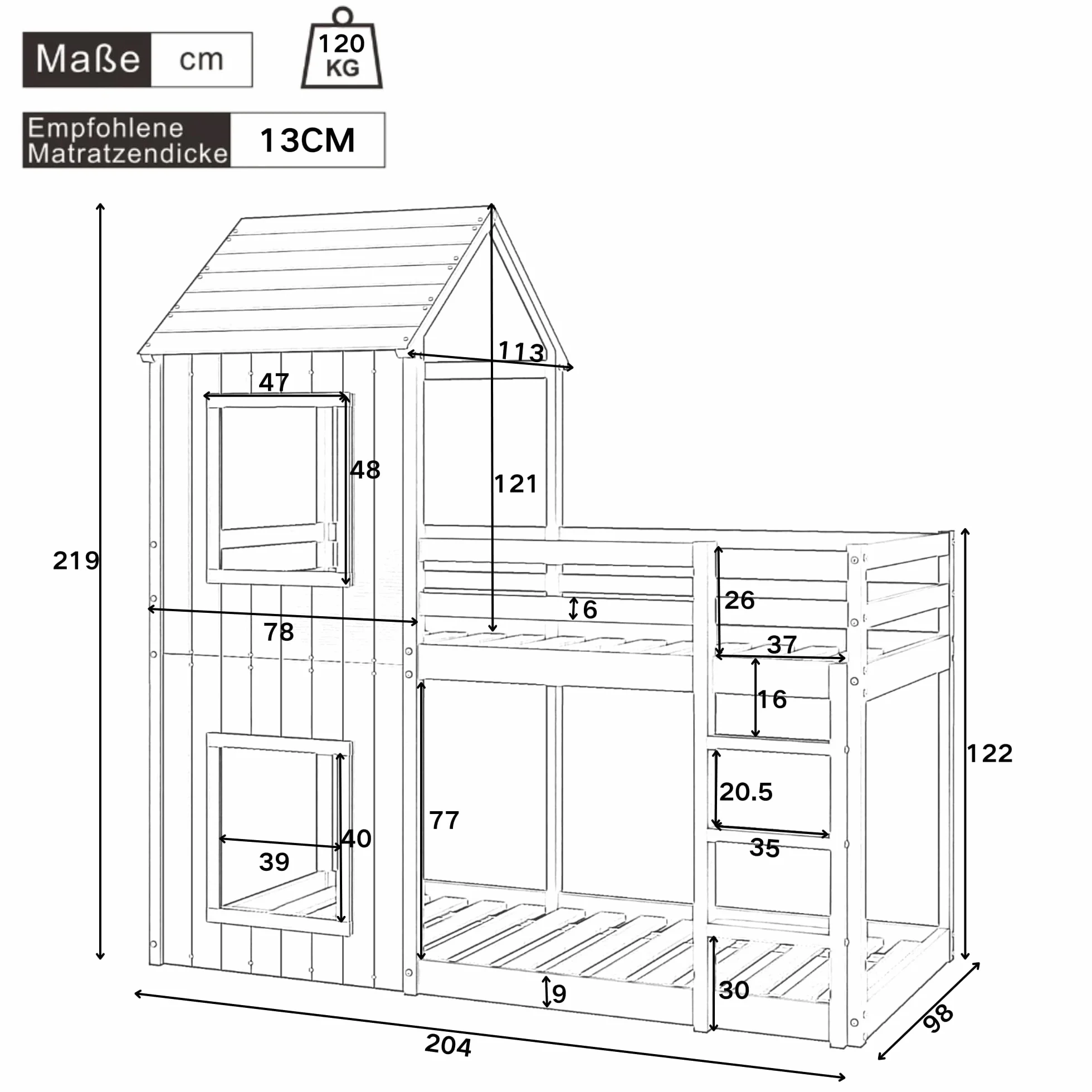 Idemon 90 x 200 cm litera, cuna, cama de casa para niñas y niños, con escalera y dosel, profundidad del suelo, madera maciza (gris)