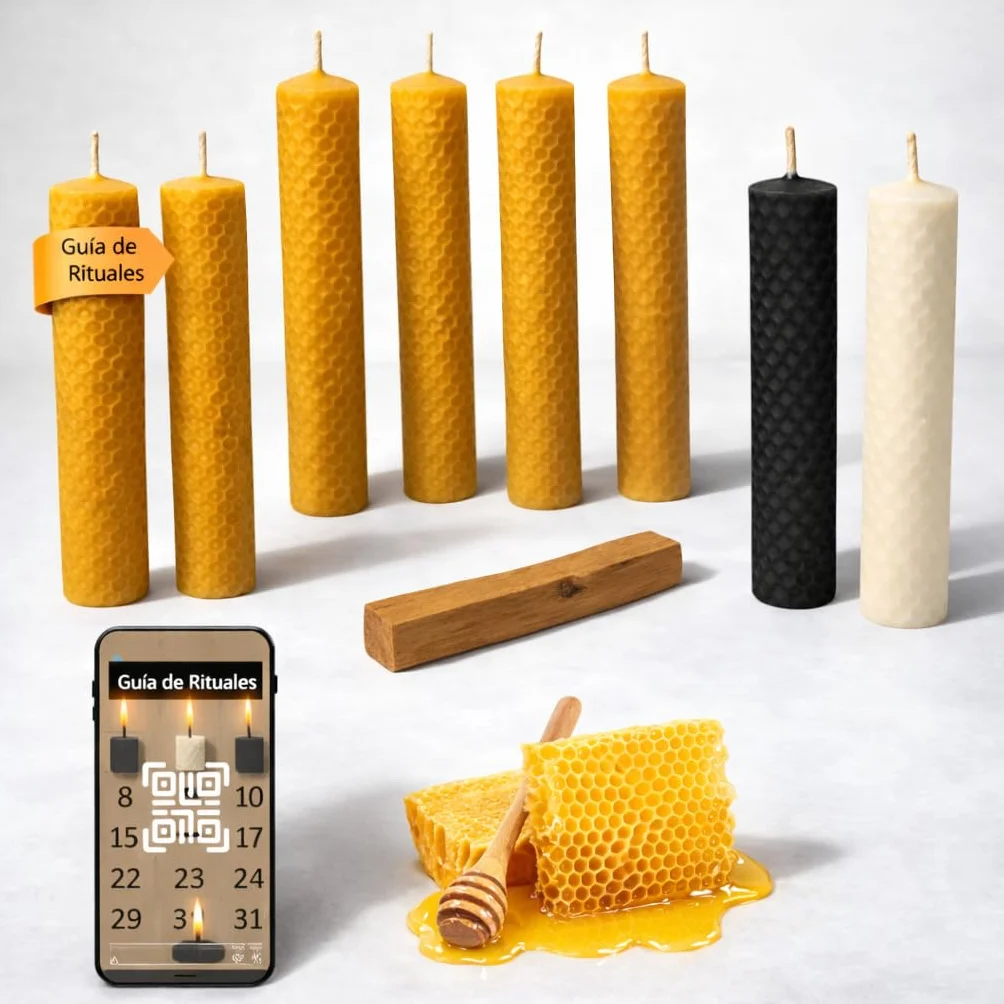 Kit Ritual Velas de Miel Pura de Abeja con Palo Santo - 8 Velas (6 Miel,1 Negra,1 Blanca) para Abundancia y Limpieza Energética - Artesanales con Guía Digital para Días 11 y 22