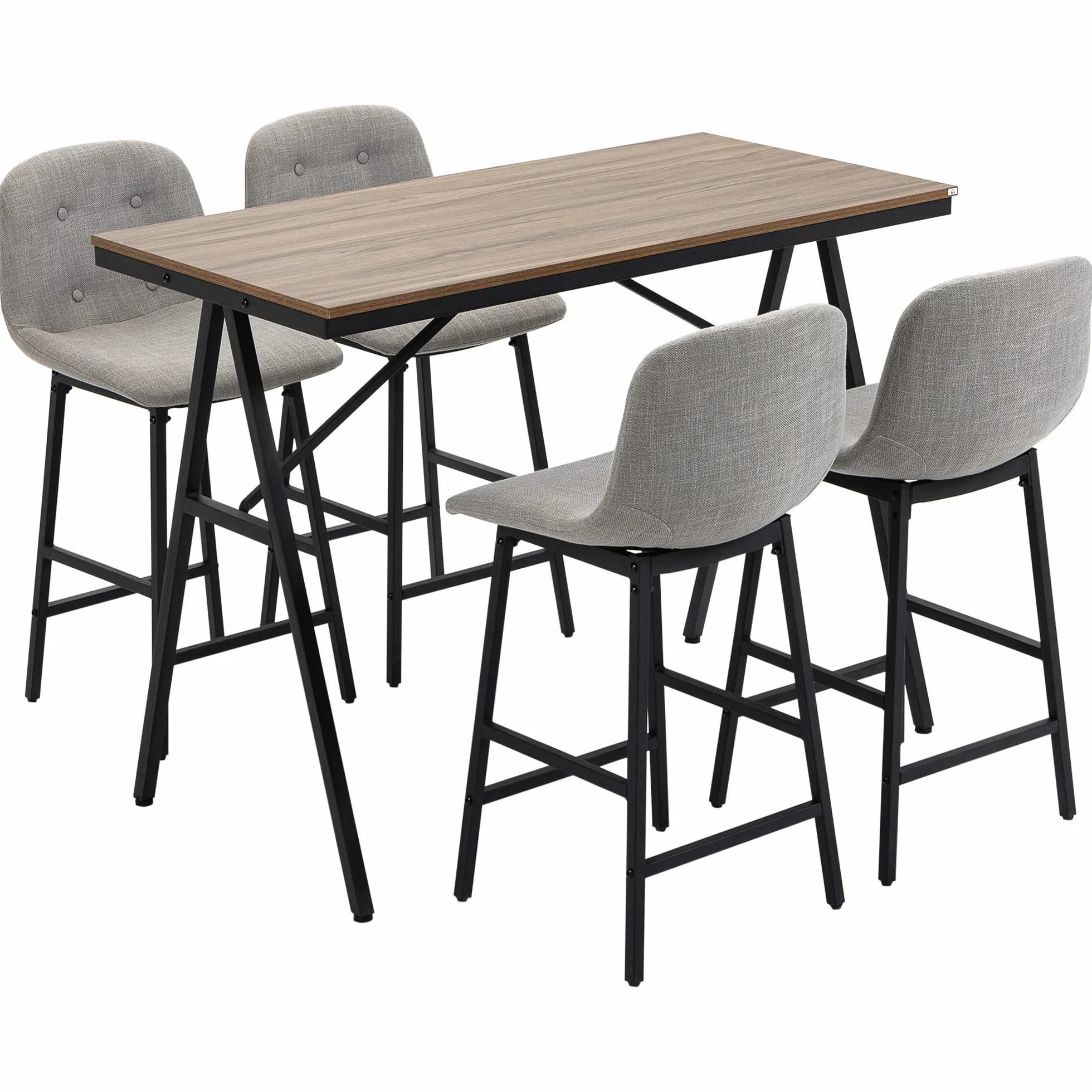 HOMCOM - Conjunto de mesa de bar con taburetes, mesa de comedor de pie con 4 sillas tapizadas, patas de acero, estilo industrial, mesa alta bar y 4 taburetes para comedor, cocina, color gris claro