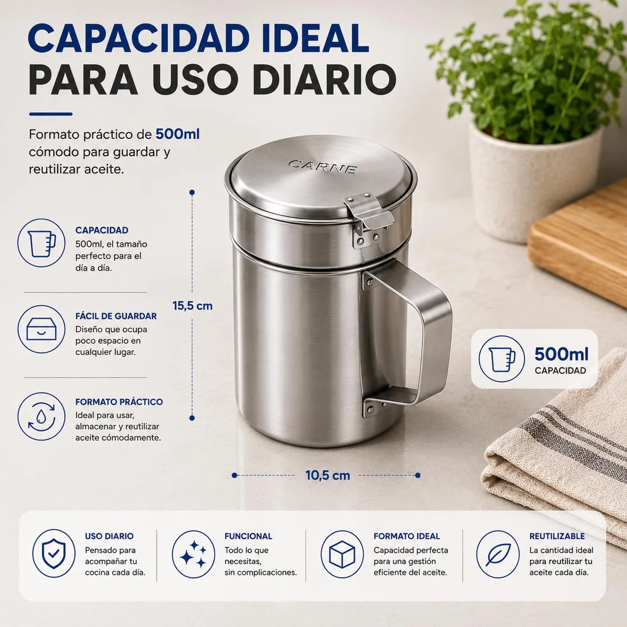 Aceitera Acero Inoxidable 500ml con Filtro Antigoteo para Aceite Usado Carne Pescado