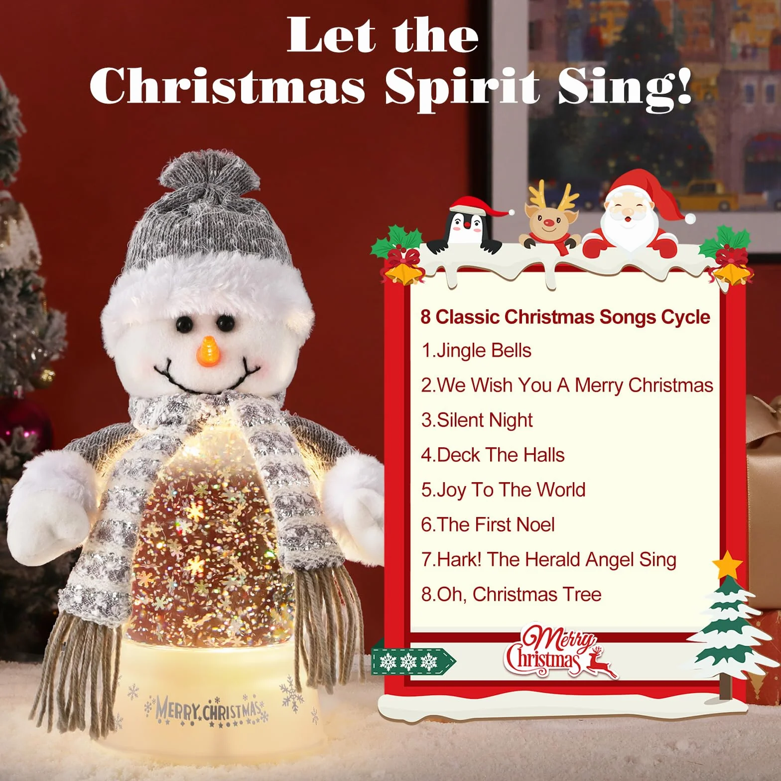 Lewondr Globo de Cristal Nieve Navideño, Hombre de Nieve con Bufanda Gris, Spinning Glow y 8 Canciones, Caja Musical Árbol Navidad, Alimentado por la Batería Lámpara de Navidad