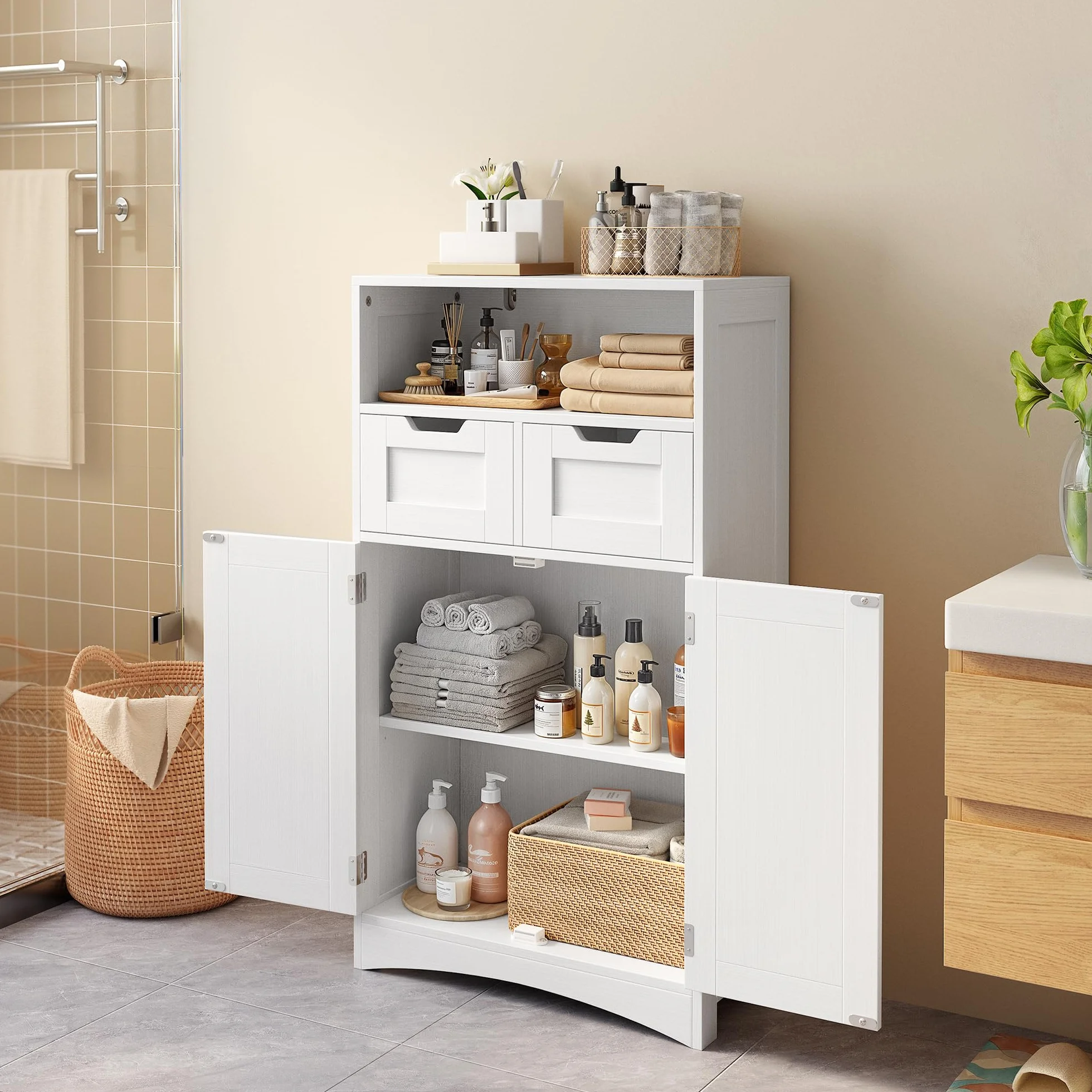 Bealife Armario de Baño 60x30x108 cm con 2 Puertas y 2 Cajones, Estante Ajustable, Blanco