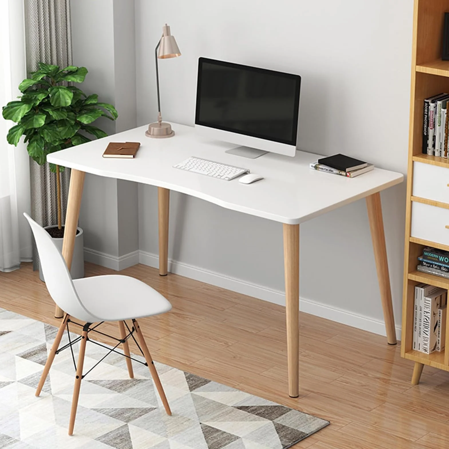 Escritorio de ordenador OSKOPWRC Blanco, 100 x 60 cm, Escritorio de estudio, Mesa de trabajo, Mesa de juego, Blanco, Estilo nórdico, Madera natural